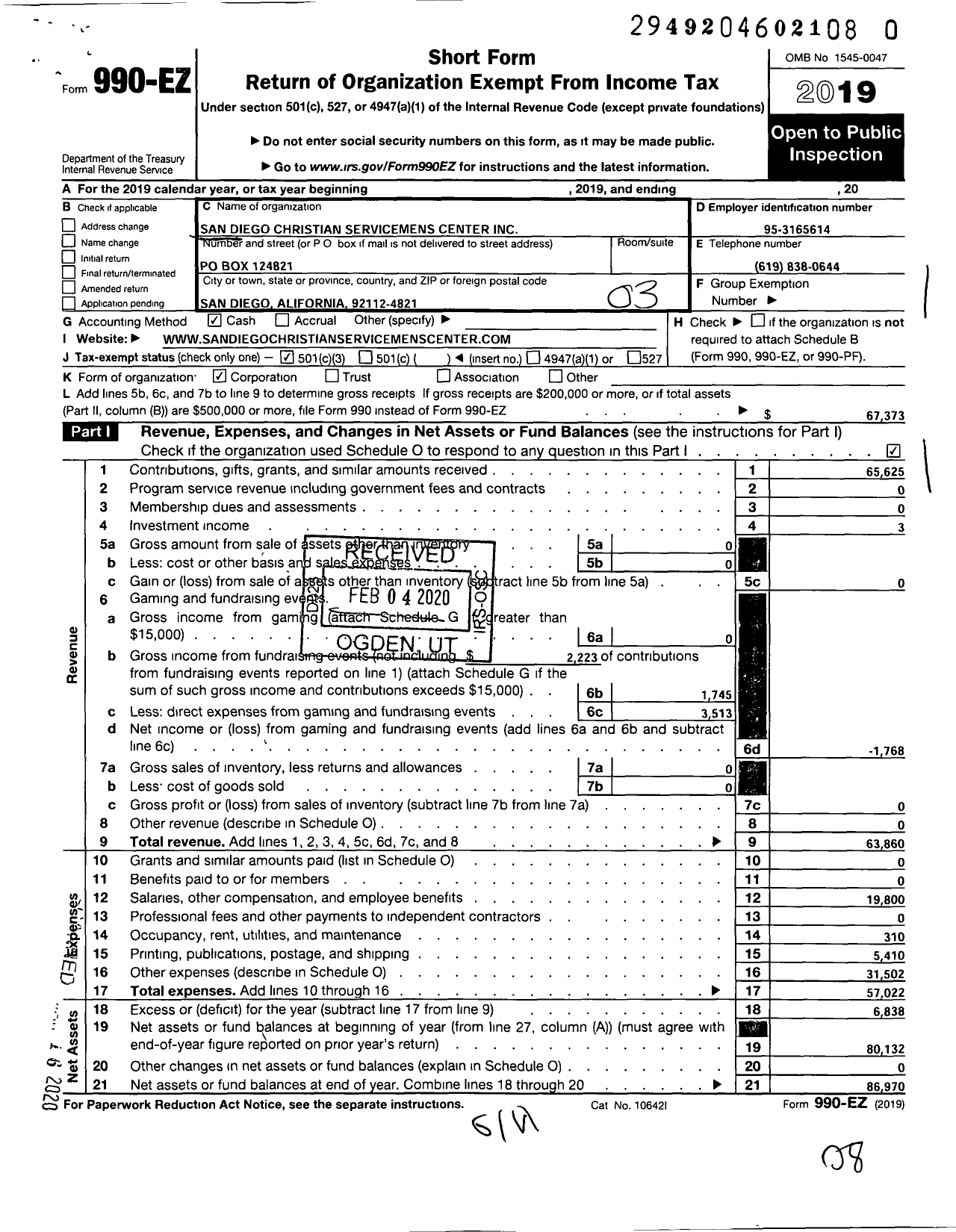 Image of first page of 2019 Form 990EZ for San Diego Christian Servicemens Center