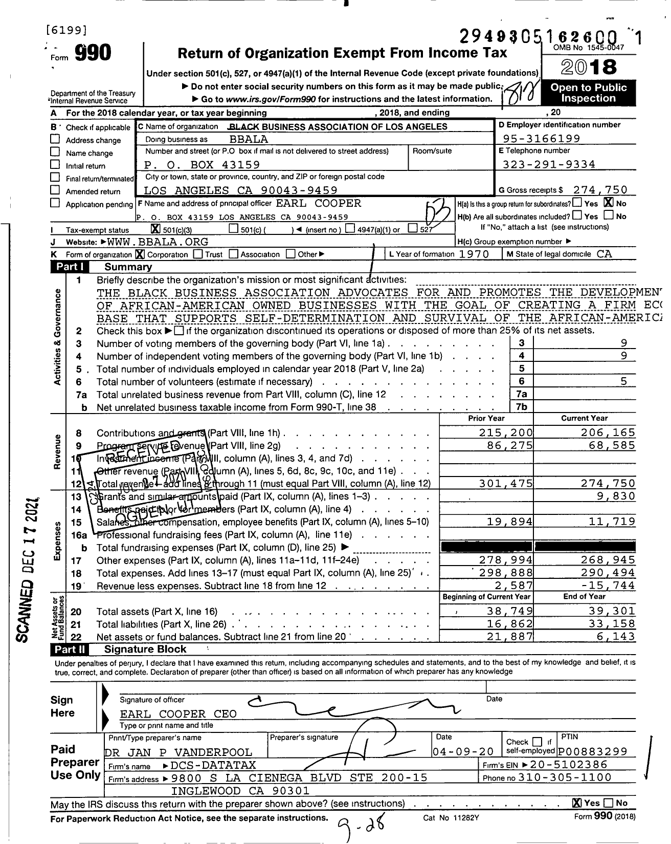 Image of first page of 2018 Form 990 for Black Business Association of Los Angeles (BBALA)