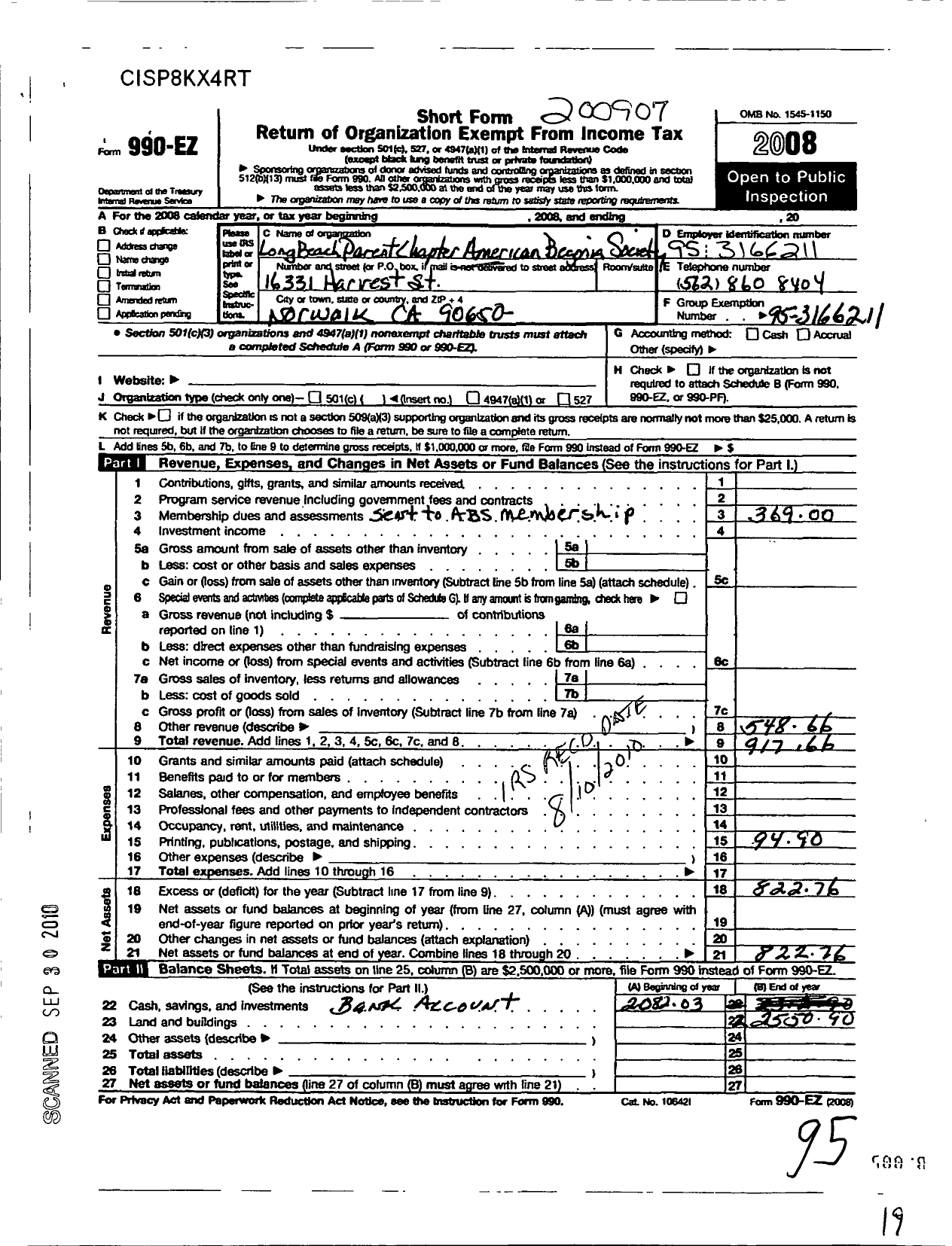 Image of first page of 2008 Form 990EO for American Begonia Society / Long Beach Parent Chapter