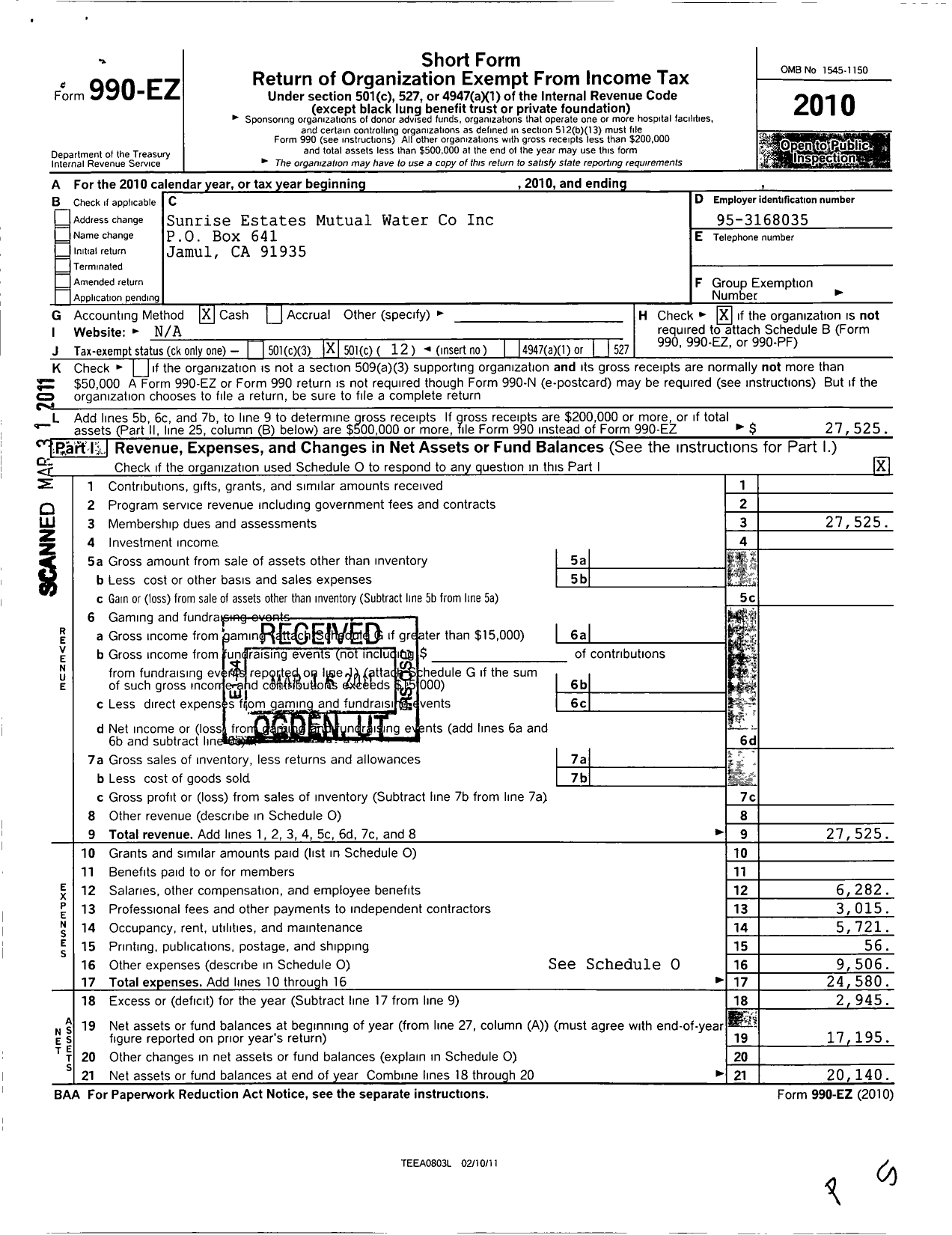 Image of first page of 2010 Form 990EO for Sunrise Estates Mutual Water
