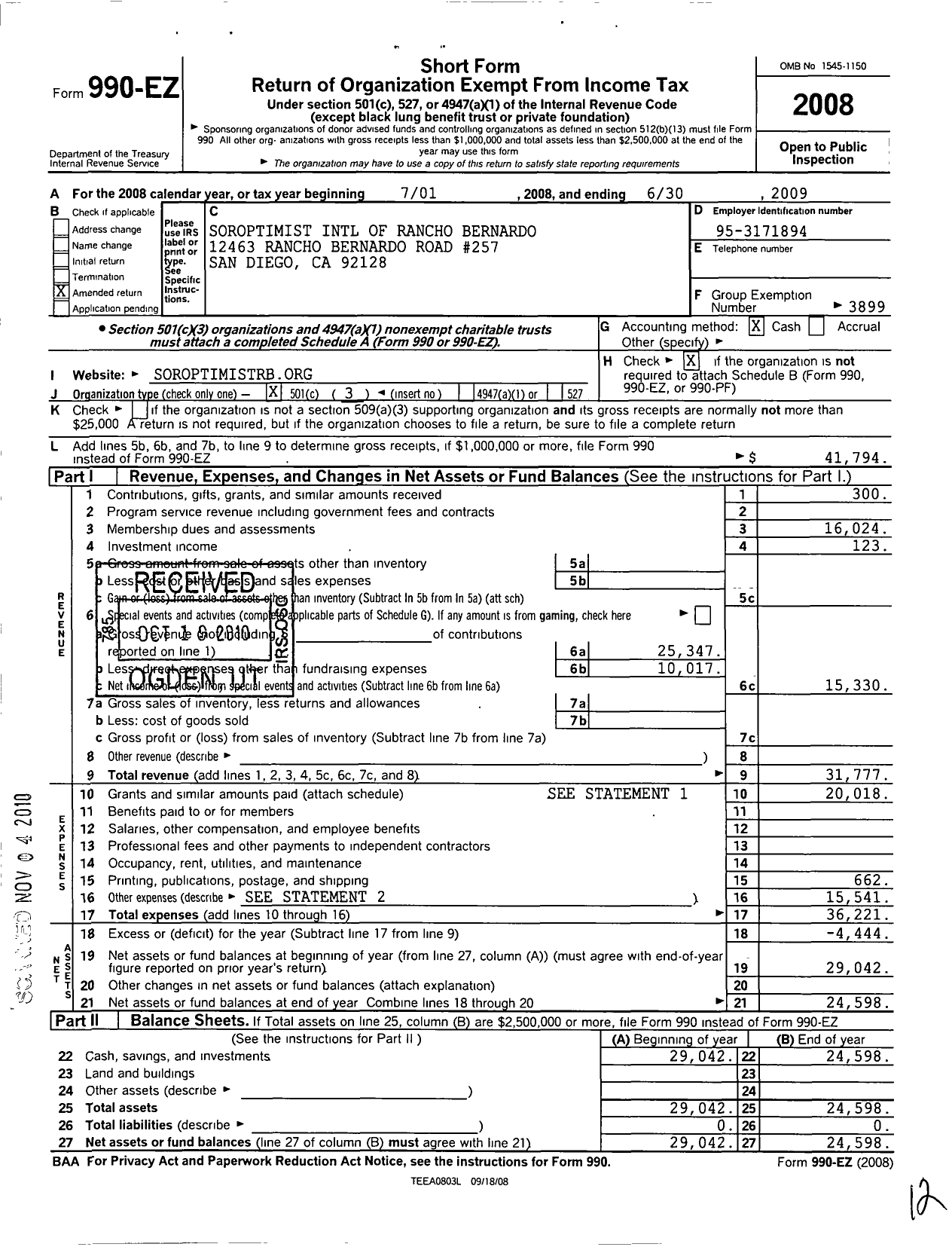 Image of first page of 2008 Form 990EZ for Soroptimist International of the Americas - 113226 North San Diego Ca