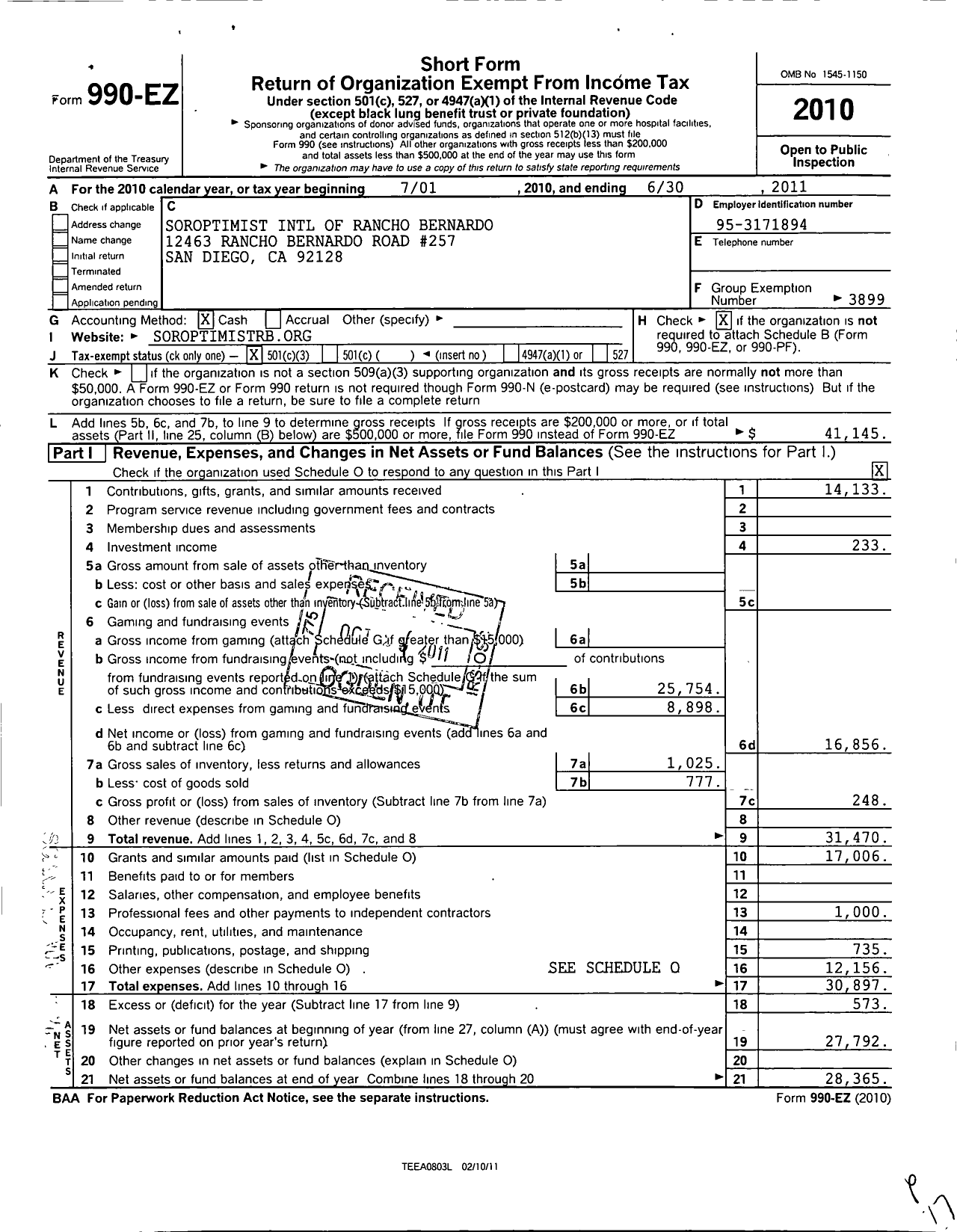 Image of first page of 2010 Form 990EZ for Soroptimist International of the Americas - 113226 North San Diego Ca