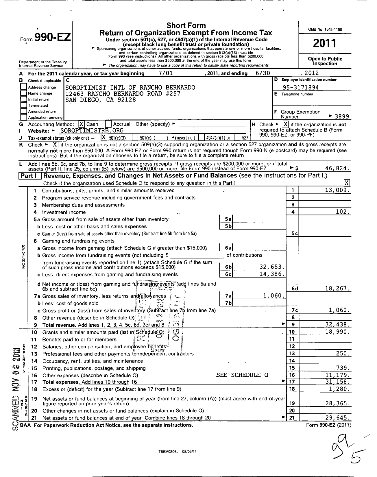 Image of first page of 2011 Form 990EZ for Soroptimist International of the Americas - 113226 North San Diego Ca