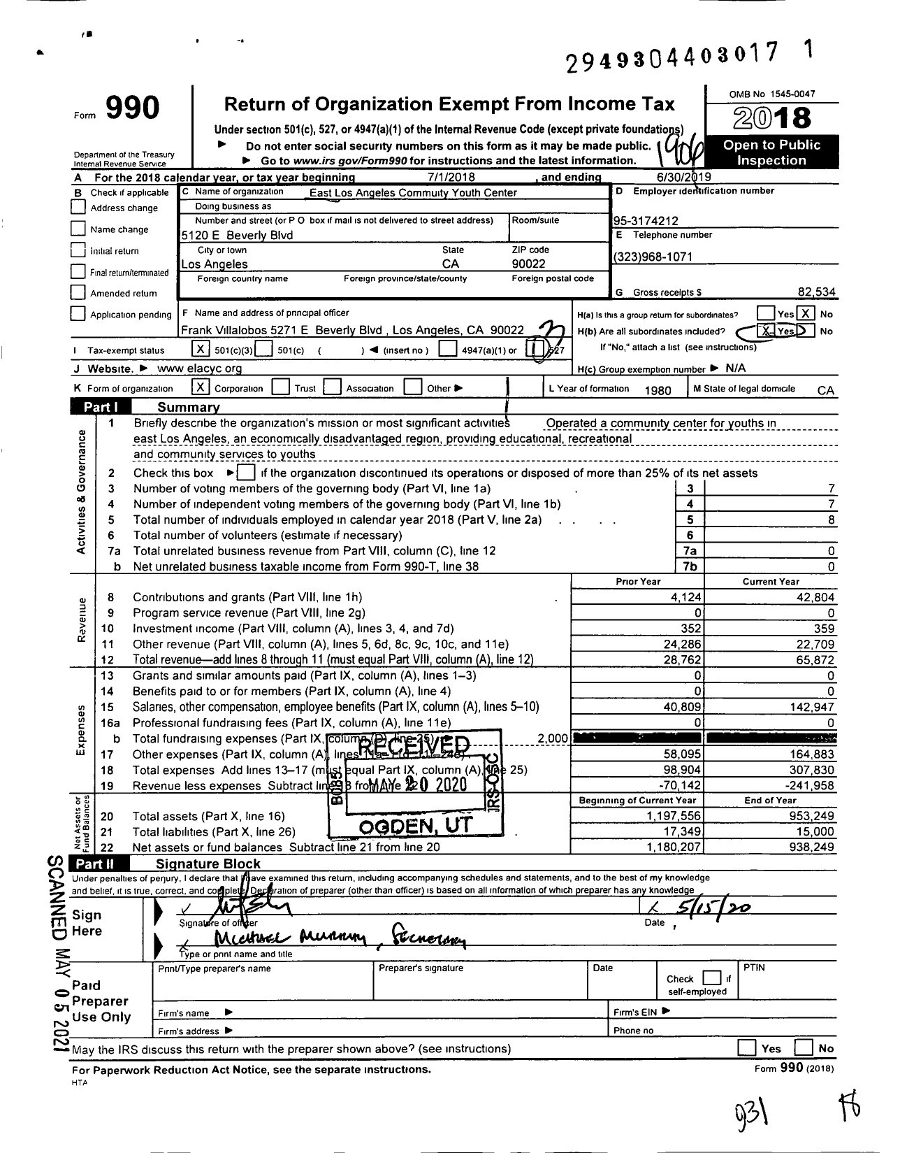 Image of first page of 2018 Form 990 for East Los Angeles Community Youth Center