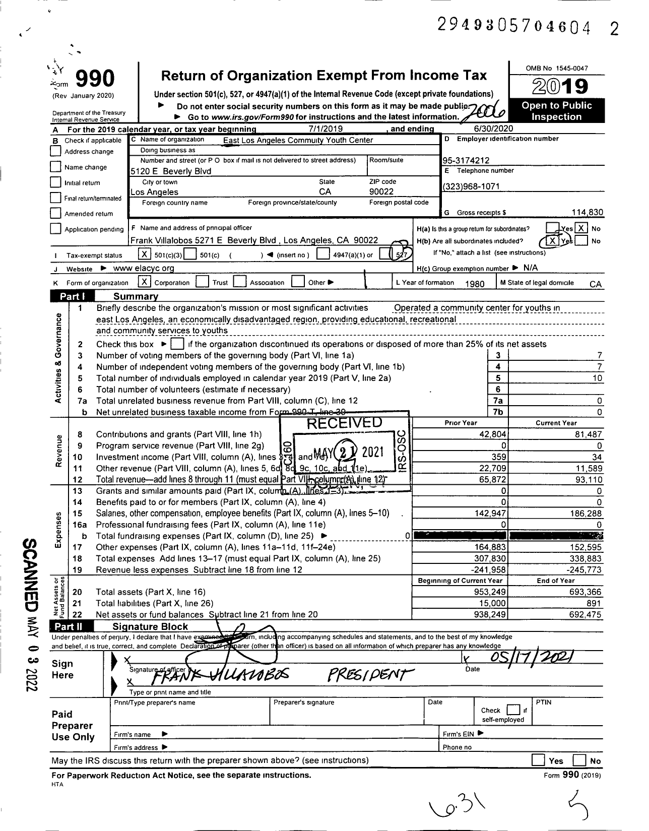 Image of first page of 2019 Form 990 for East Los Angeles Community Youth Center