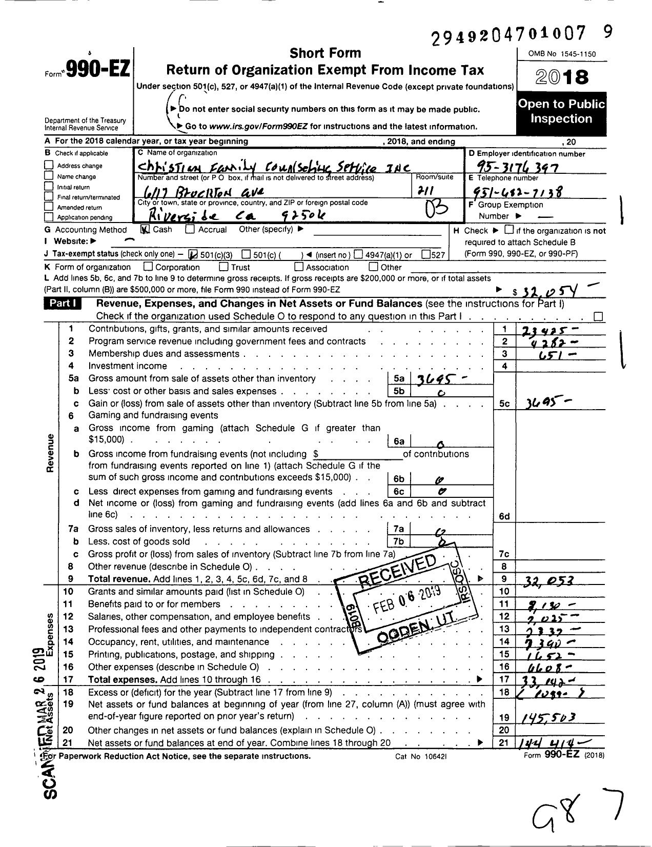 Image of first page of 2018 Form 990EZ for Christian Family Counseling Serv