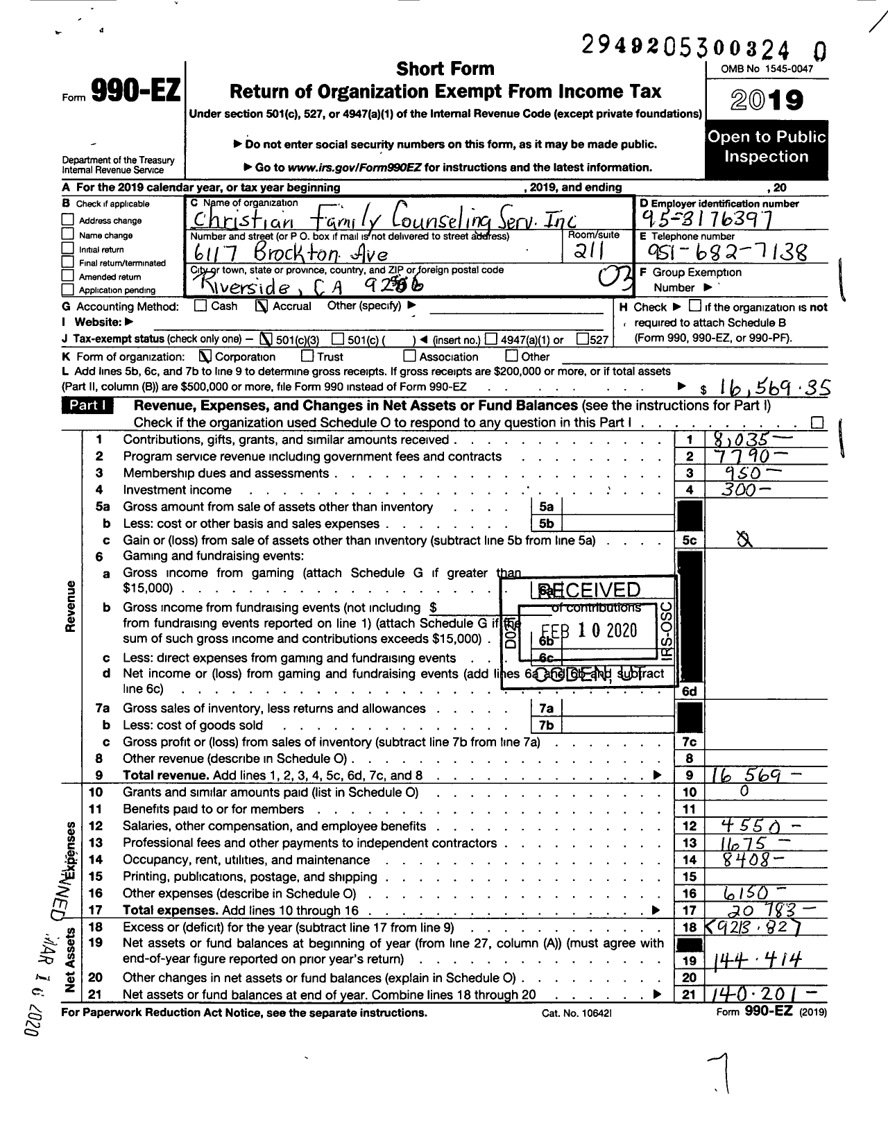 Image of first page of 2019 Form 990EZ for Christian Family Counseling Serv