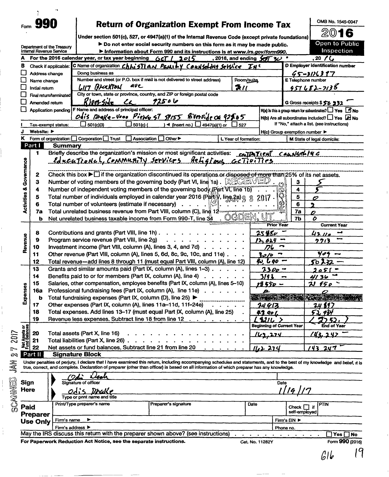 Image of first page of 2015 Form 990O for Christian Family Counseling Serv