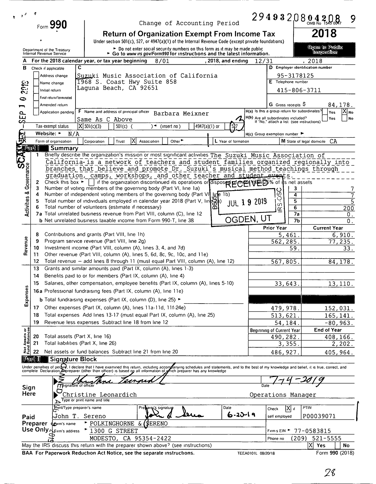 Image of first page of 2018 Form 990 for Suzuki Music Association of California