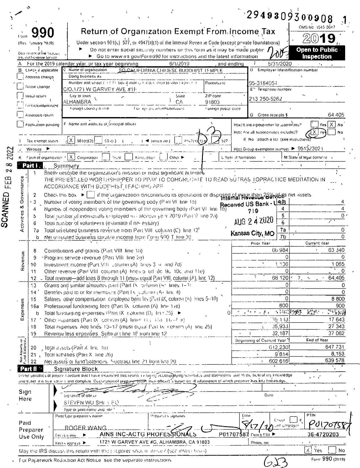 Image of first page of 2019 Form 990 for Southern California Chinese Buddhist Temple