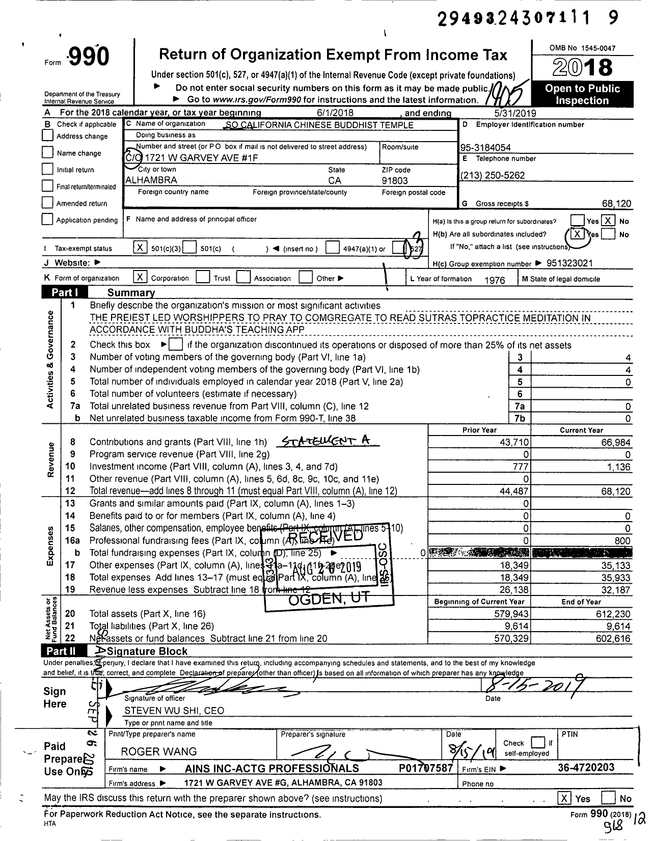 Image of first page of 2018 Form 990 for Southern California Chinese Buddhist Temple