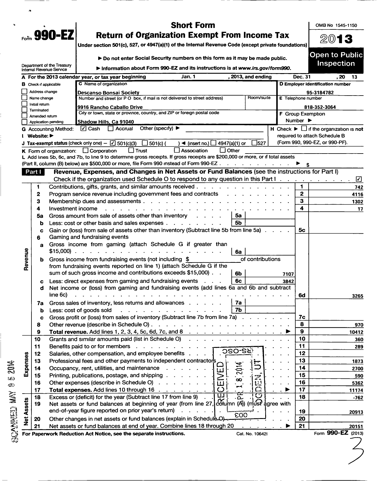 Image of first page of 2013 Form 990EZ for Descanso Bonsai Society