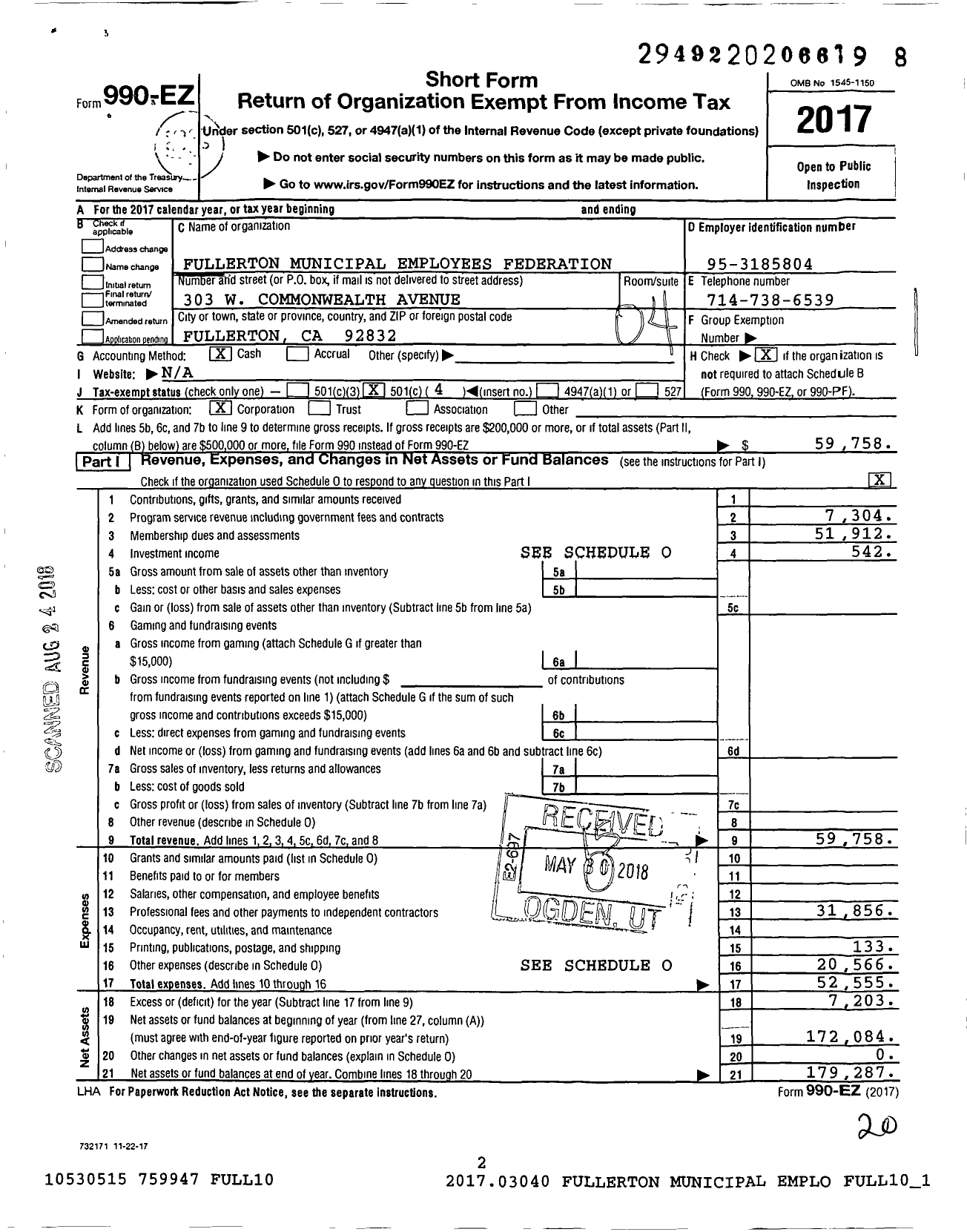 Image of first page of 2017 Form 990EO for Fullerton Municipal Employees Federation