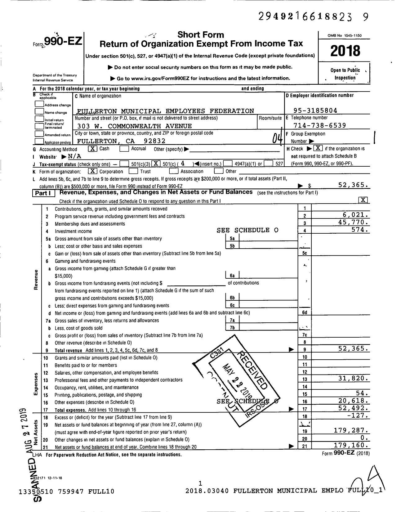 Image of first page of 2018 Form 990EO for Fullerton Municipal Employees Federation