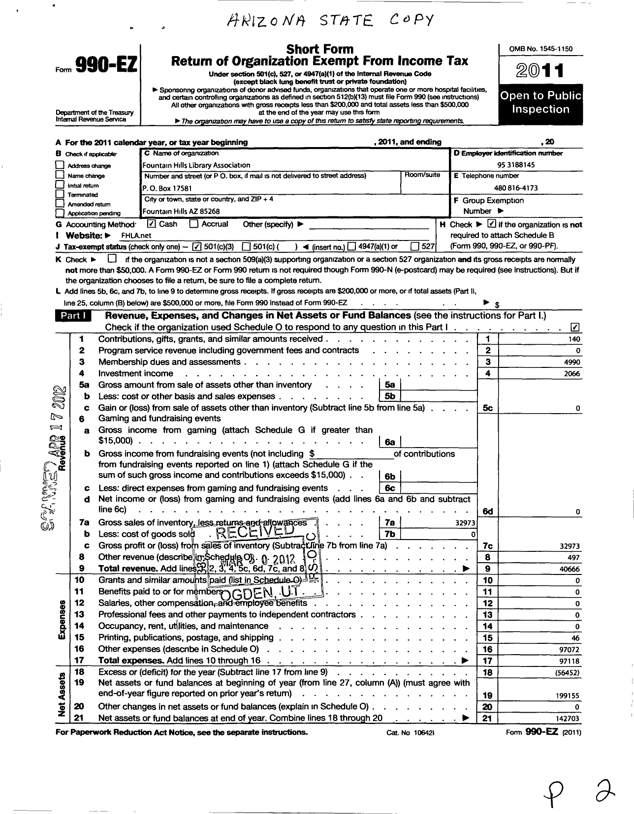 Image of first page of 2011 Form 990EZ for Fountain Hills Friends of the Library