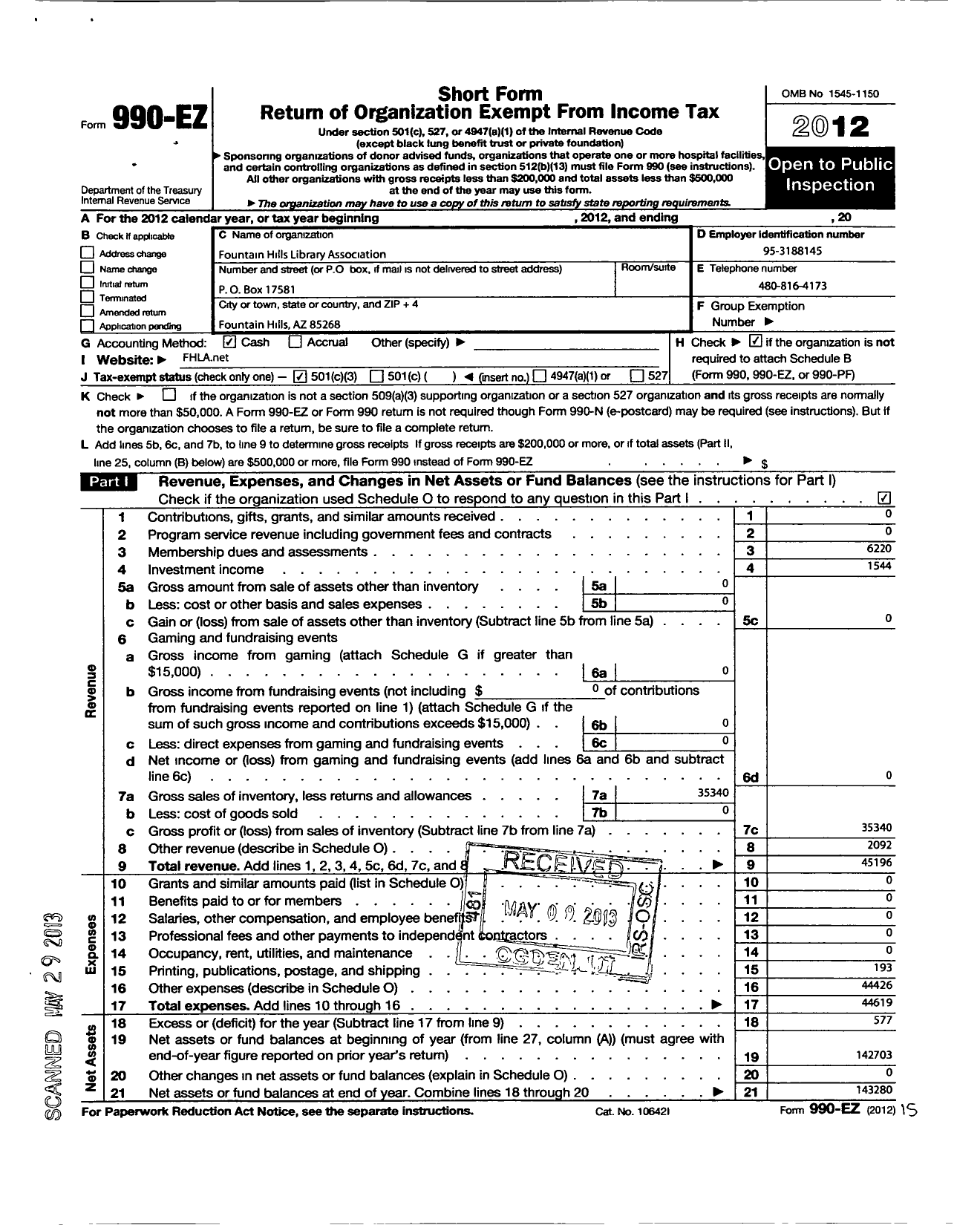 Image of first page of 2012 Form 990EZ for Fountain Hills Friends of the Library