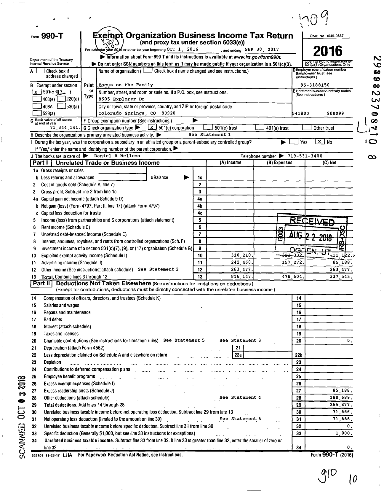 Image of first page of 2016 Form 990T for Focus on the Family