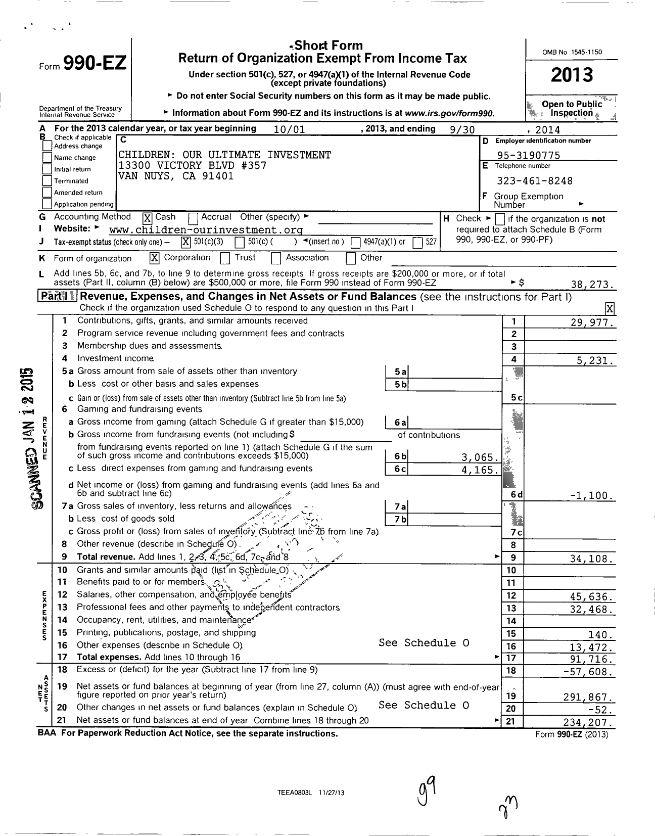 Image of first page of 2013 Form 990EZ for Children Our Ultimate Investment