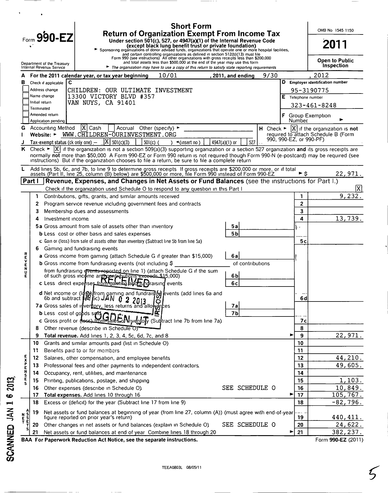 Image of first page of 2011 Form 990EZ for Children Our Ultimate Investment