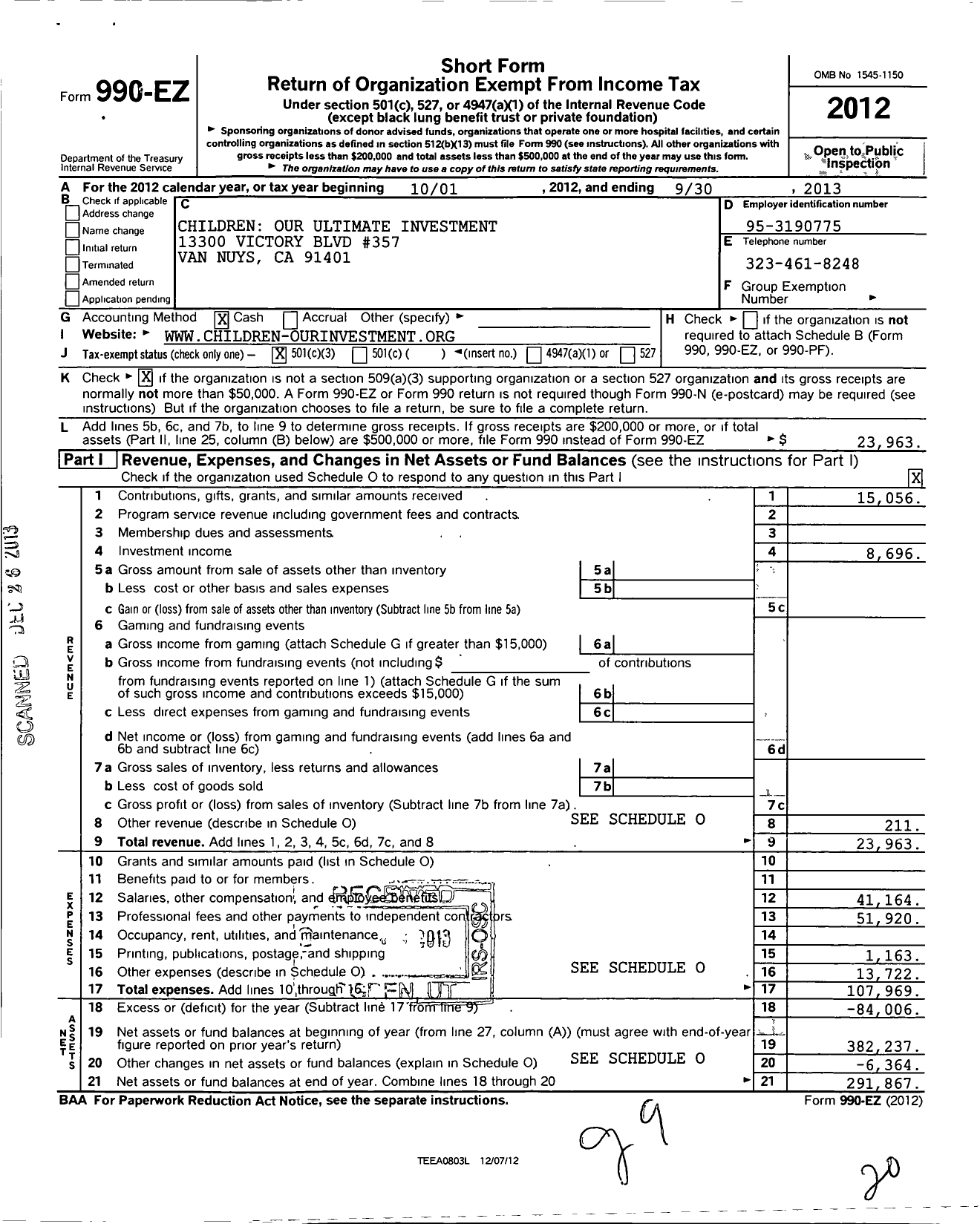 Image of first page of 2012 Form 990EZ for Children Our Ultimate Investment