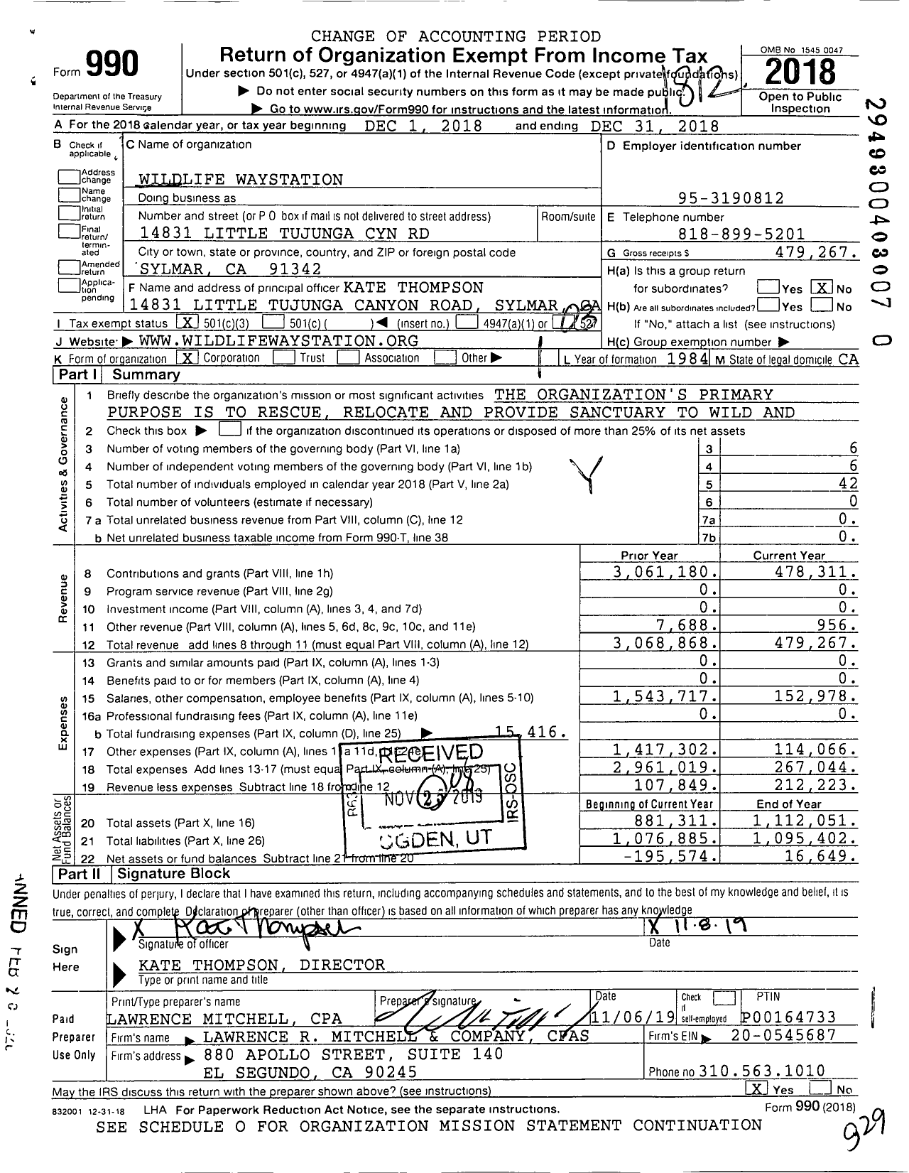 Image of first page of 2018 Form 990 for Wildlife Waystation