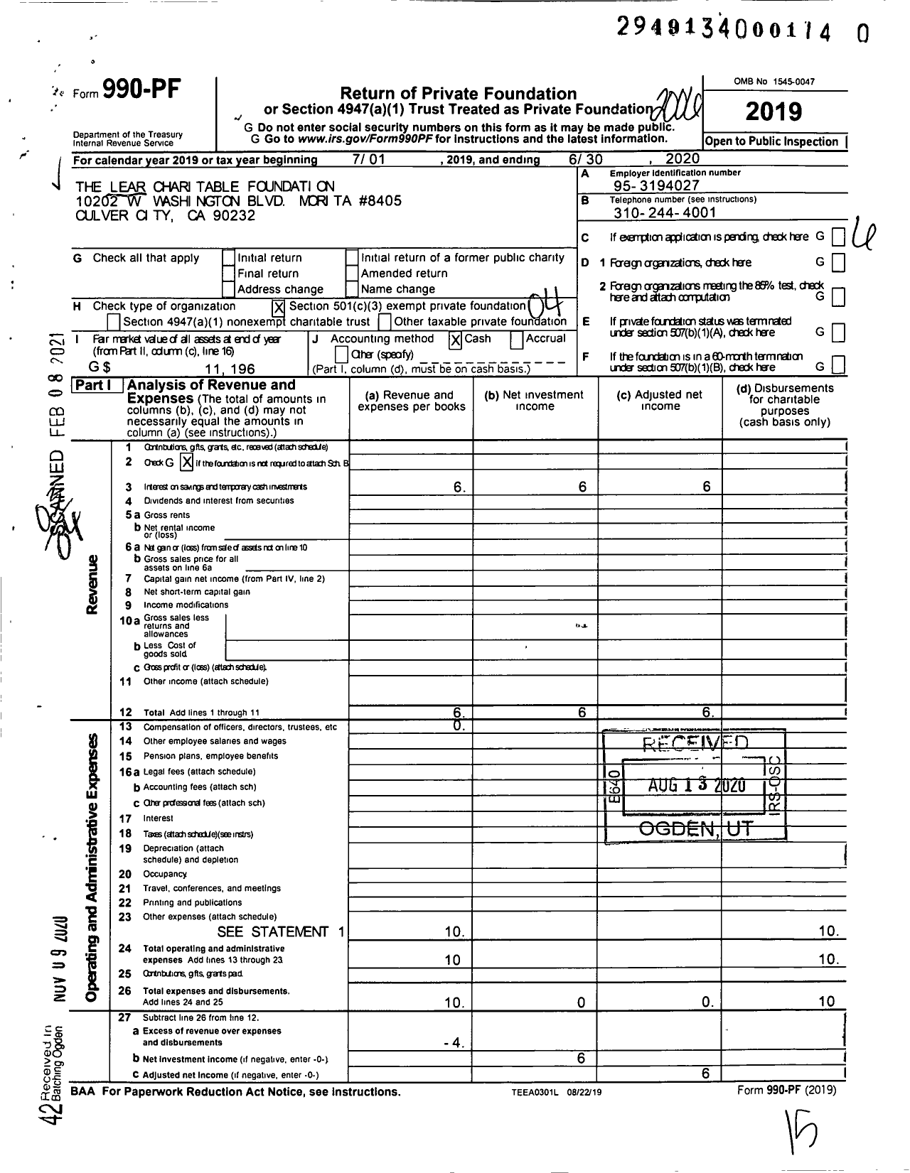 Image of first page of 2019 Form 990PF for The Lear Charitable Foundation