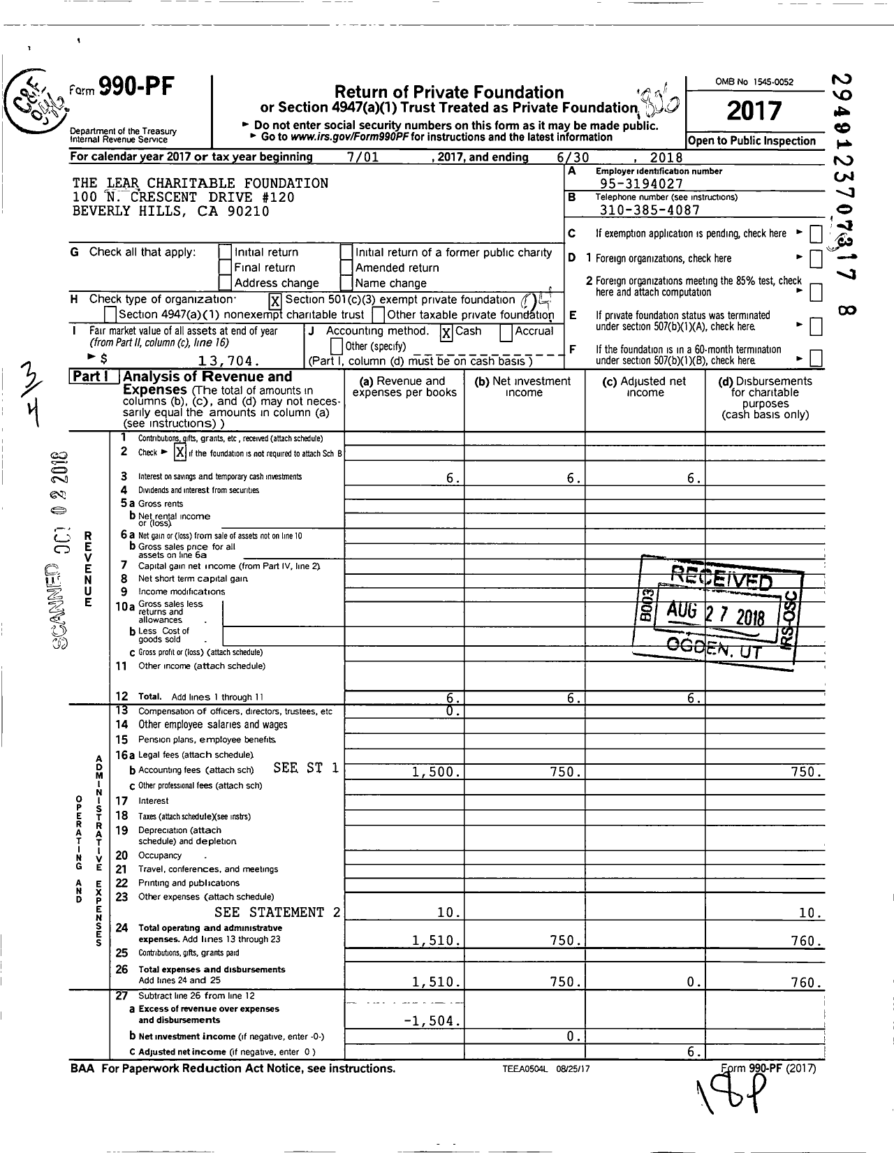 Image of first page of 2017 Form 990PF for The Lear Charitable Foundation