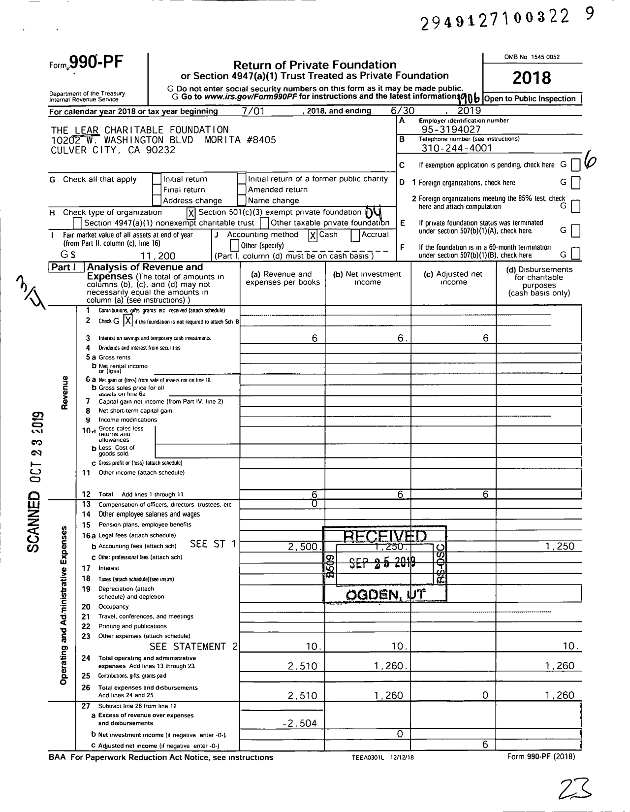 Image of first page of 2018 Form 990PF for The Lear Charitable Foundation