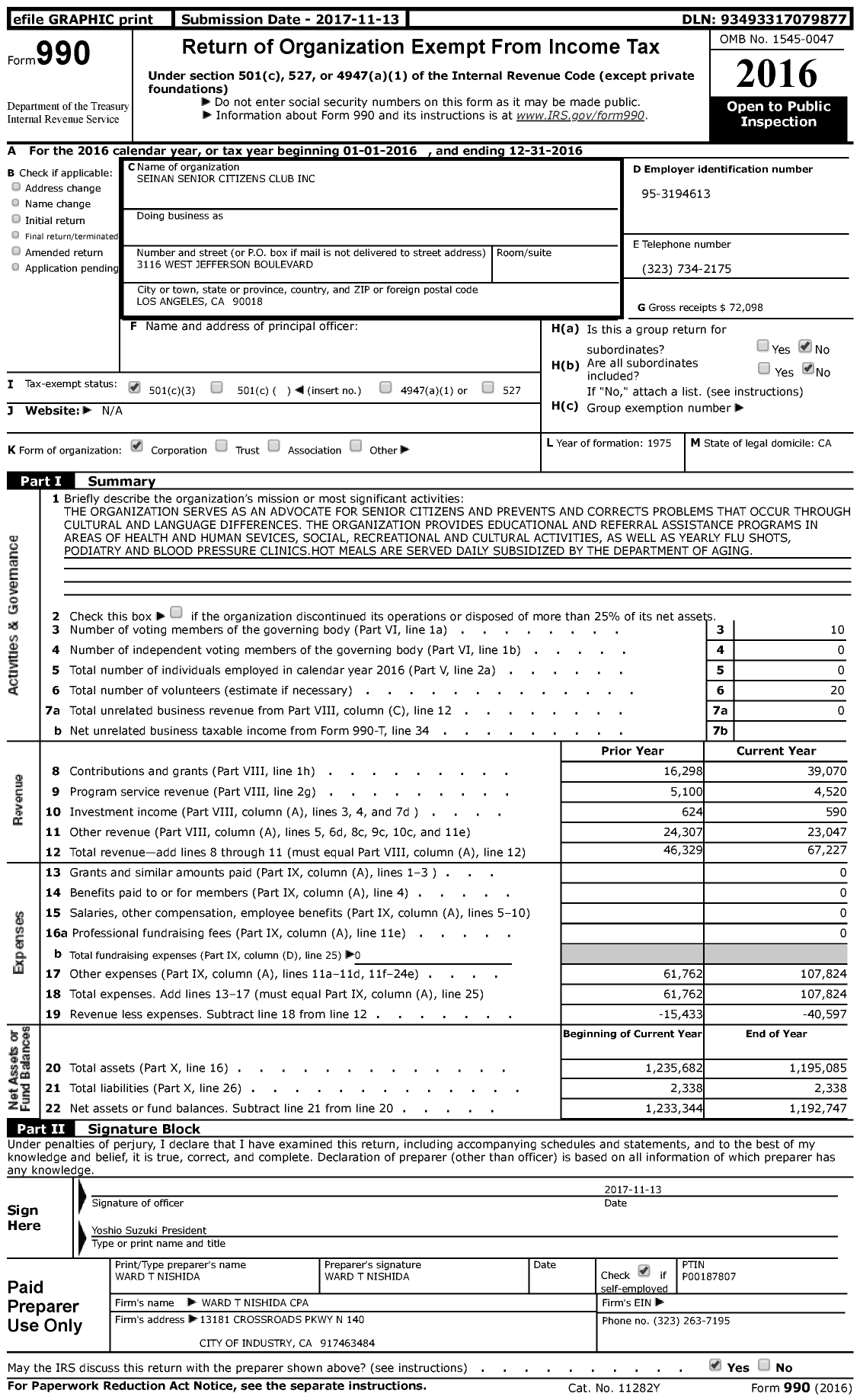 Image of first page of 2016 Form 990 for Seinan Senior Citizens Club