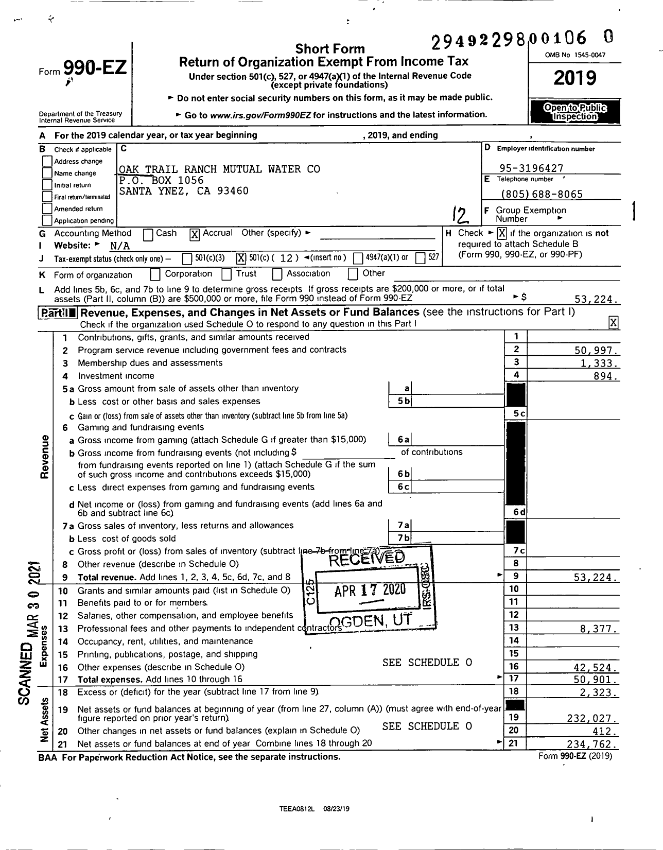 Image of first page of 2019 Form 990EO for Oak Trail Ranch Mutual Water