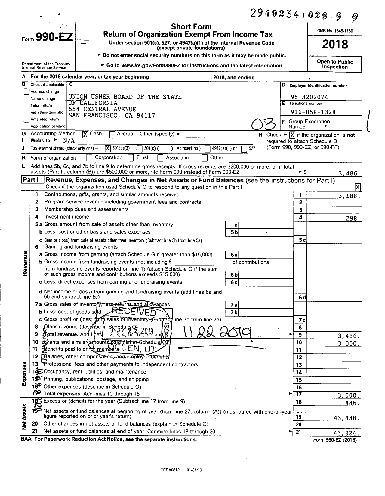 Image of first page of 2018 Form 990EZ for Union Usher Board of the State of California