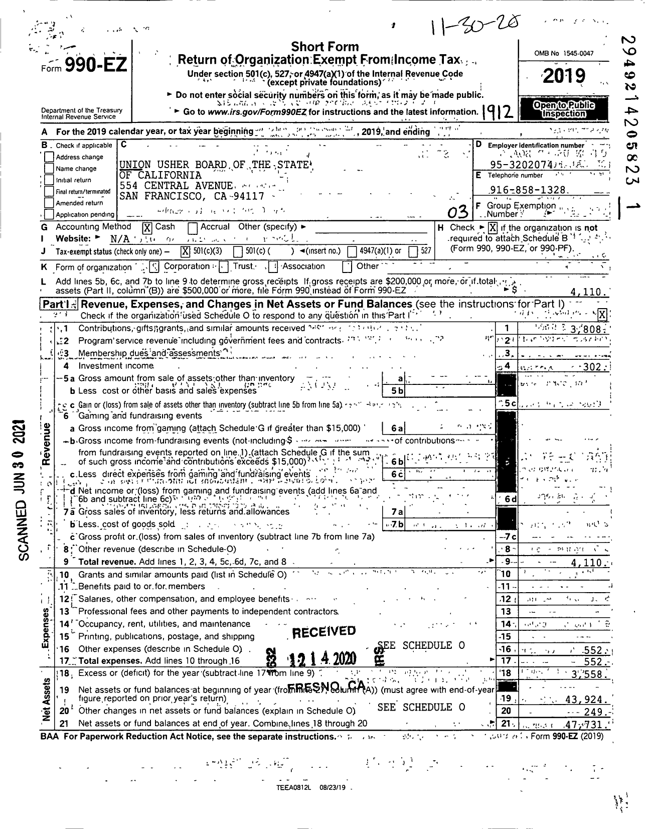 Image of first page of 2019 Form 990EZ for Union Usher Board of the State of California