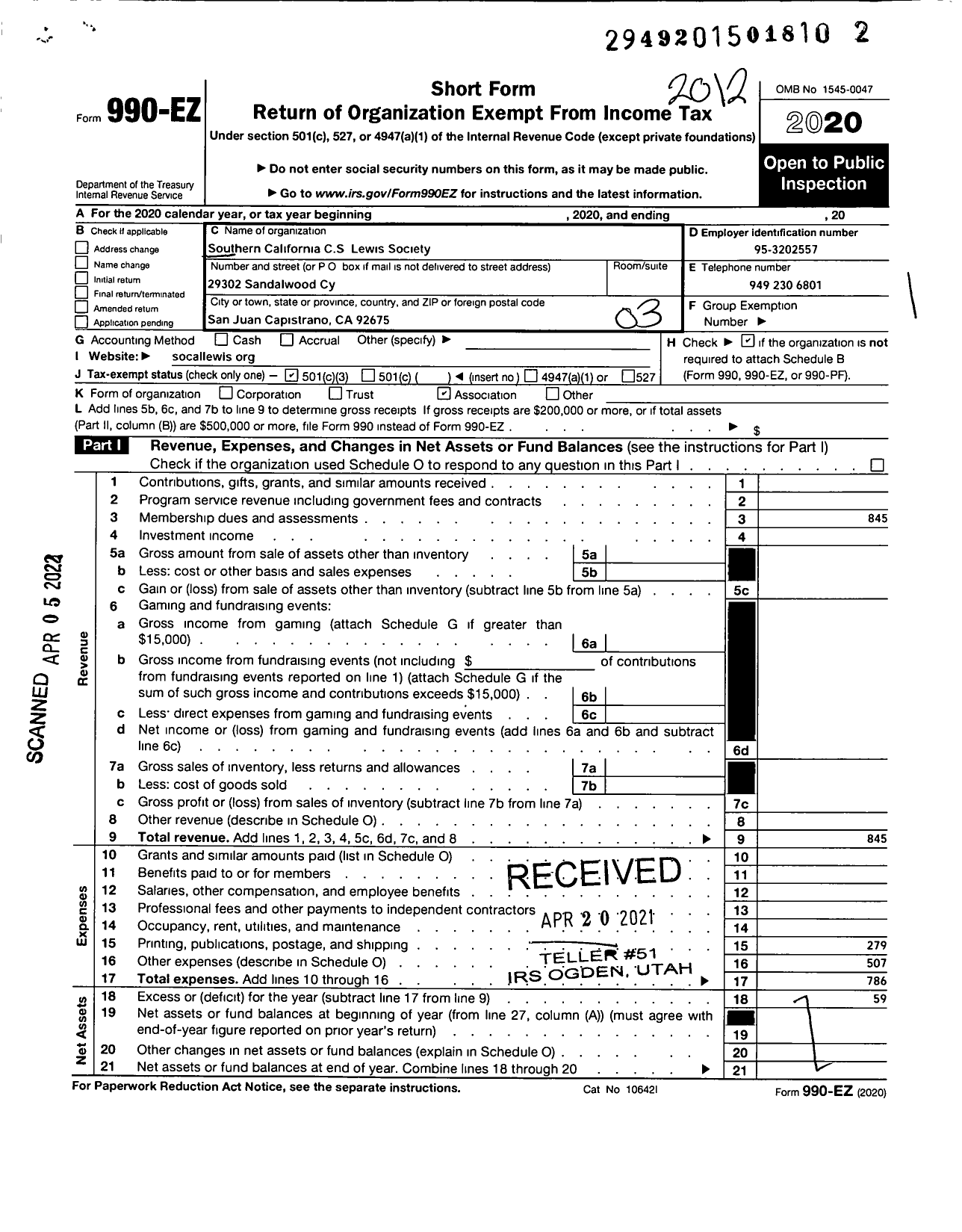 Image of first page of 2020 Form 990EZ for Southern California C S Lewis Society