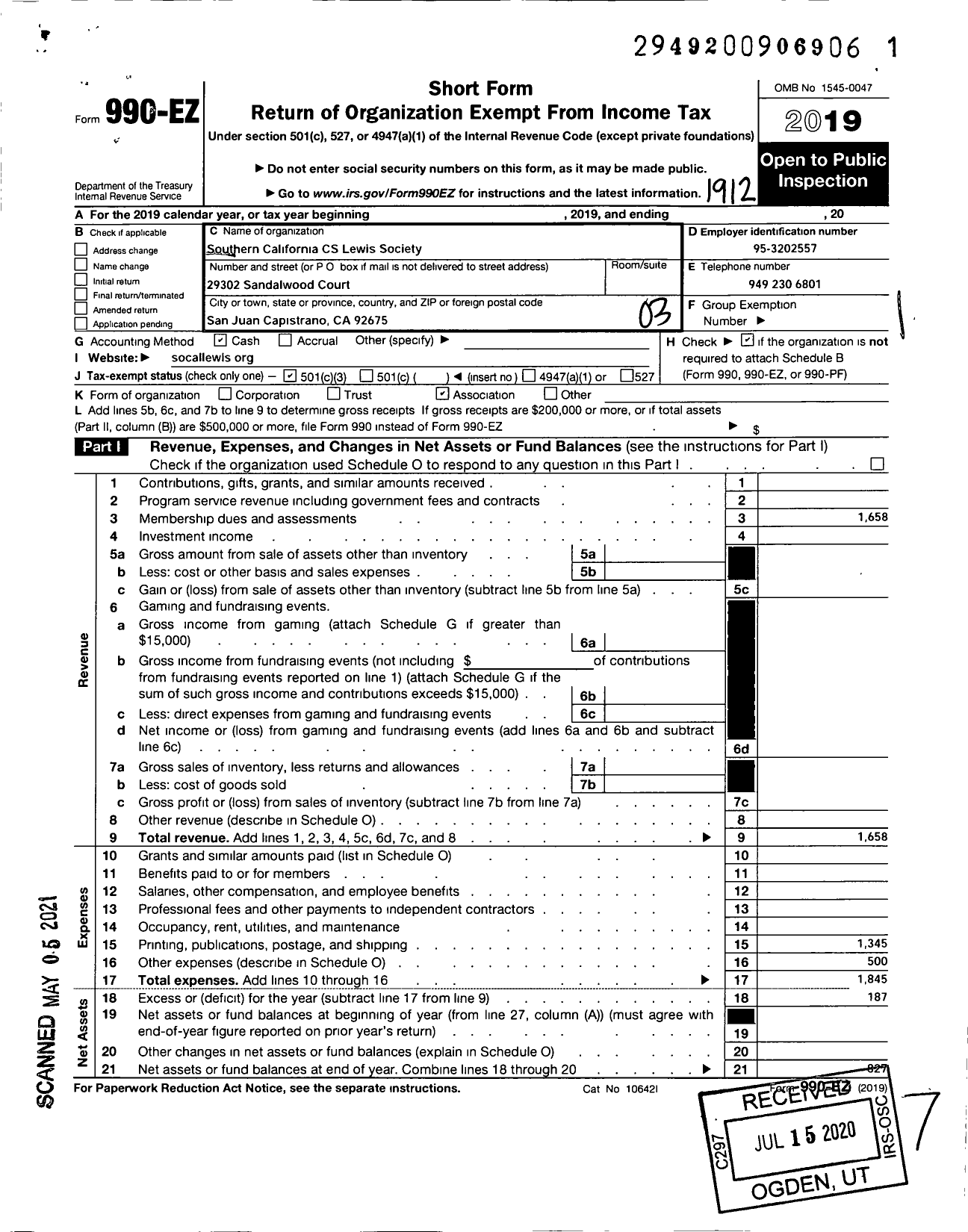 Image of first page of 2019 Form 990EZ for Southern California C S Lewis Society