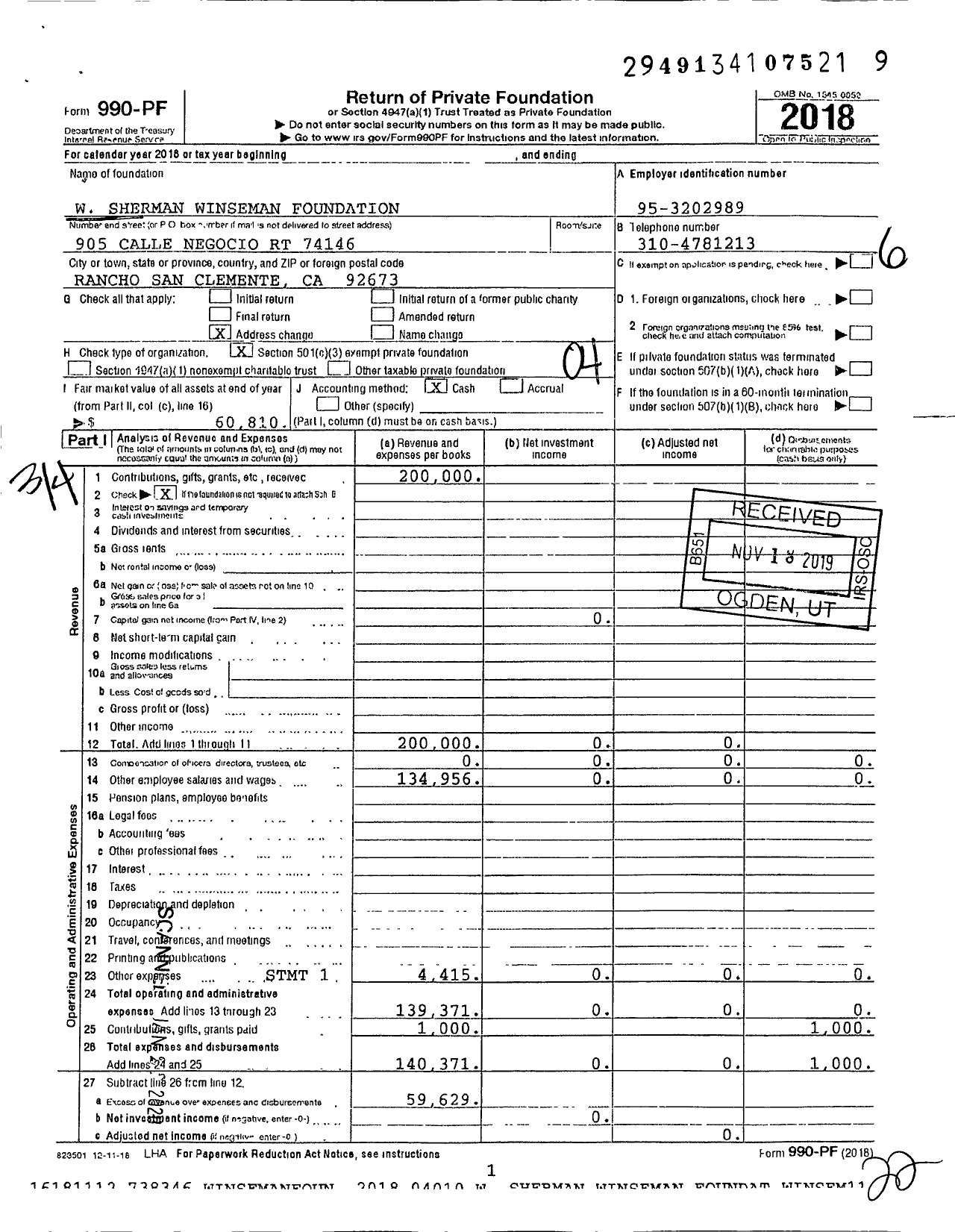 Image of first page of 2018 Form 990PF for W Sherman Winseman Foundation