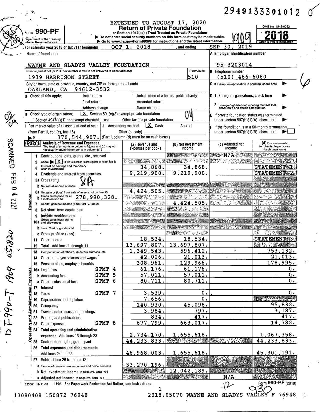 Image of first page of 2018 Form 990PF for Wayne and Gladys Valley Foundation