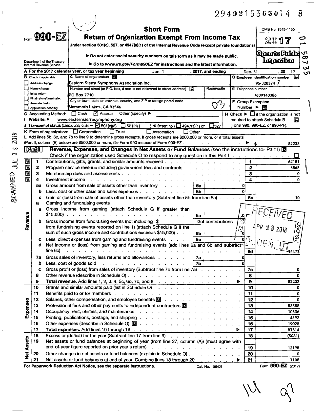 Image of first page of 2017 Form 990EZ for Eastern Sierra Symphony Association