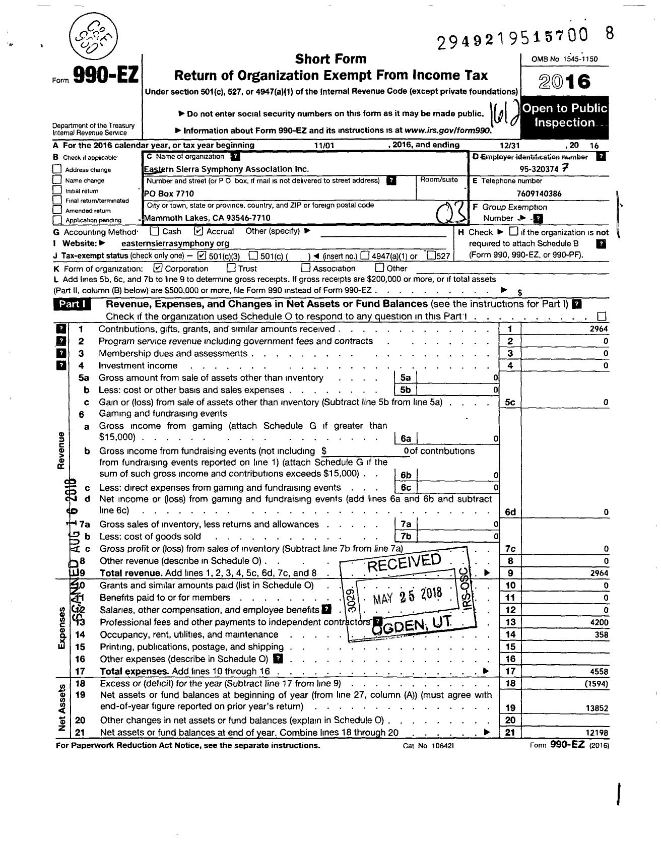 Image of first page of 2016 Form 990EZ for Eastern Sierra Symphony Association