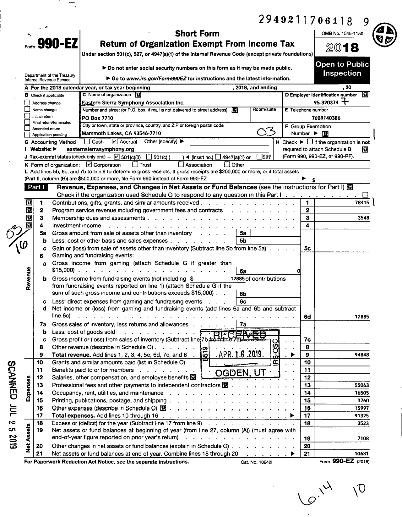 Image of first page of 2018 Form 990EZ for Eastern Sierra Symphony Association