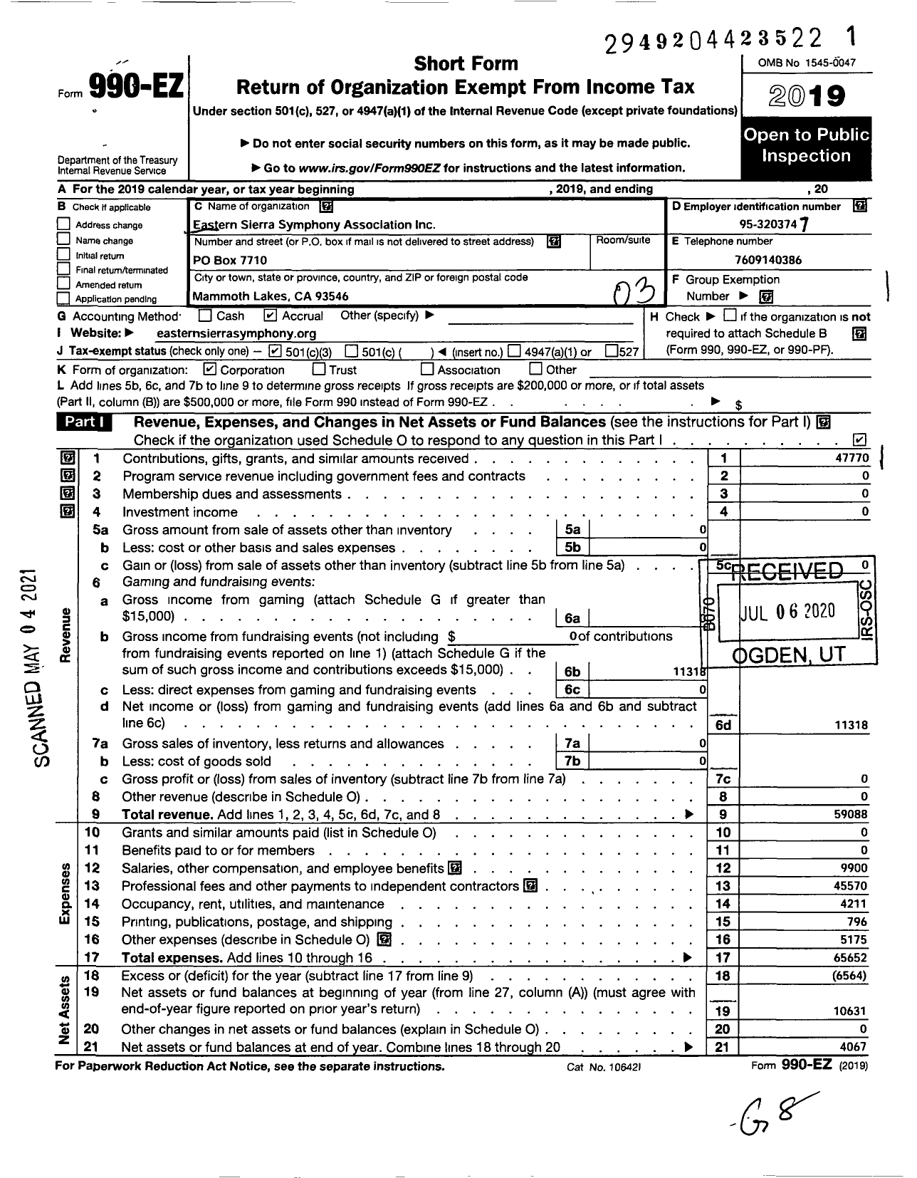 Image of first page of 2019 Form 990EZ for Eastern Sierra Symphony Association