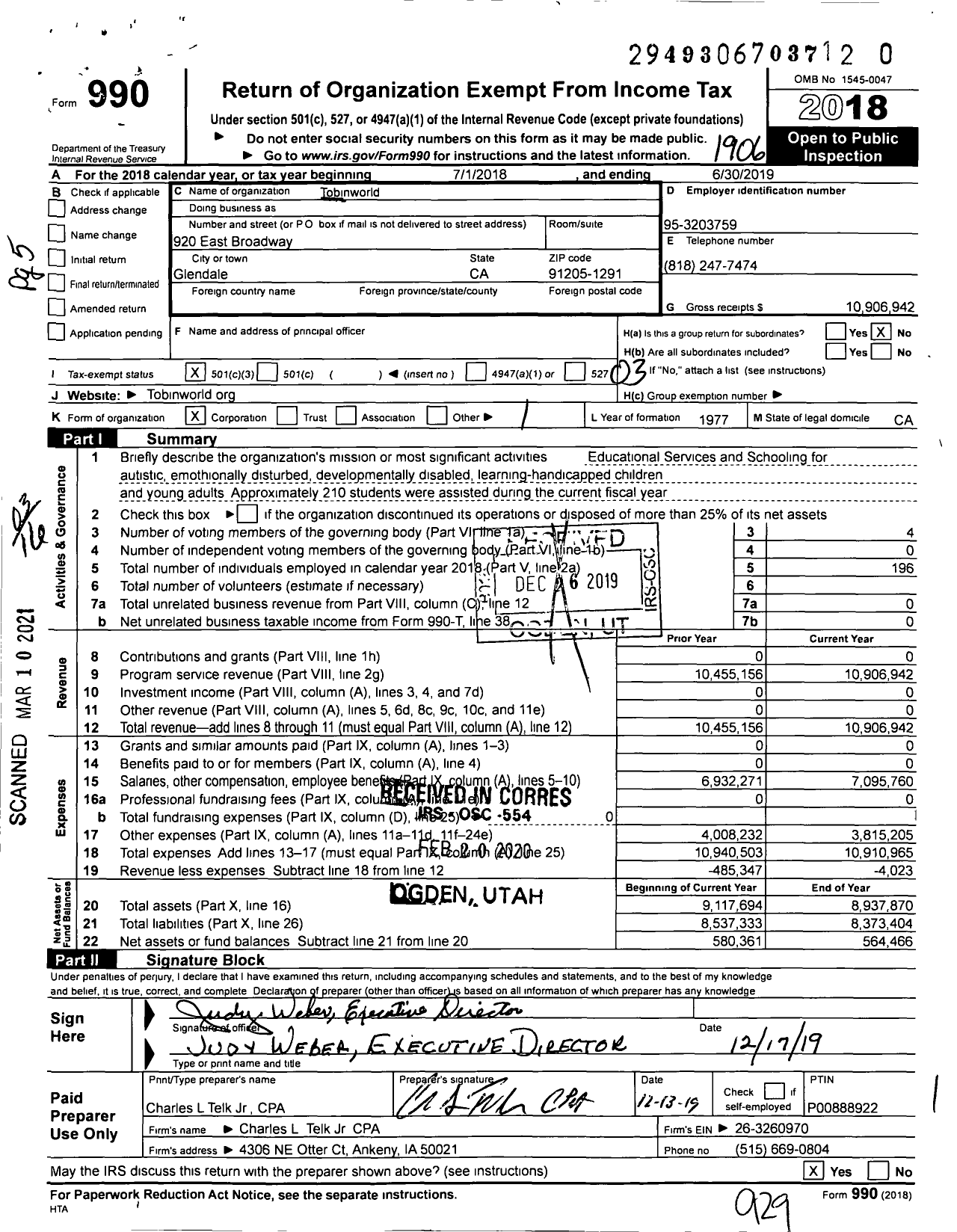 Image of first page of 2018 Form 990 for Tobinworld