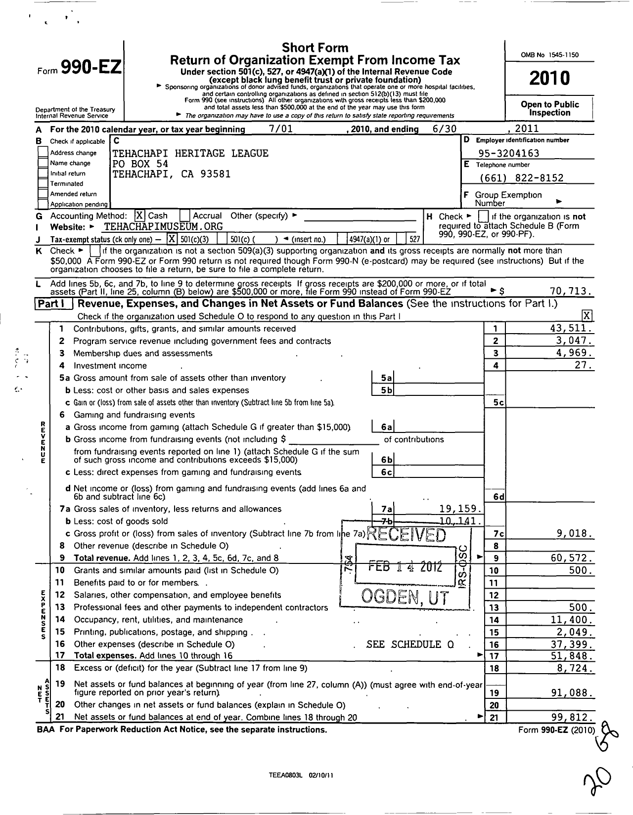 Image of first page of 2010 Form 990EZ for Tehachapi Heritage League