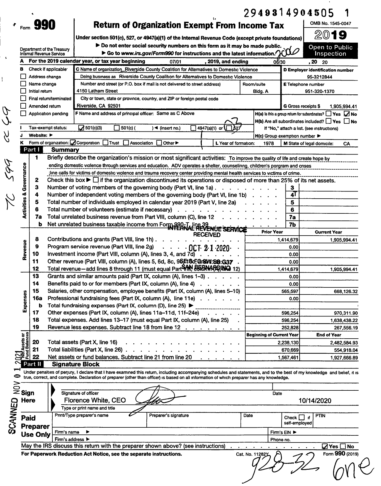 Image of first page of 2019 Form 990 for Riverside County Coalition for Alternatives to Domestic Violence