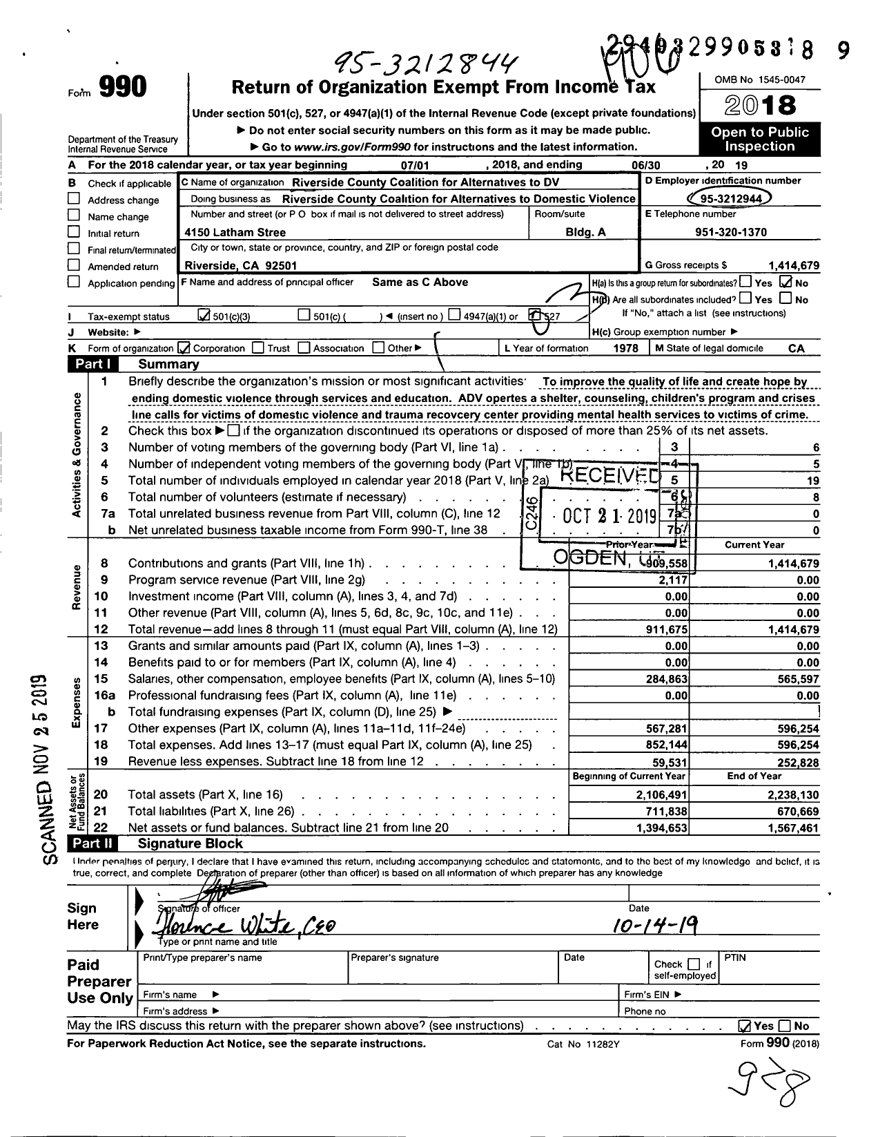 Image of first page of 2018 Form 990 for Riverside County Coalition for Alternatives to Domestic Violence