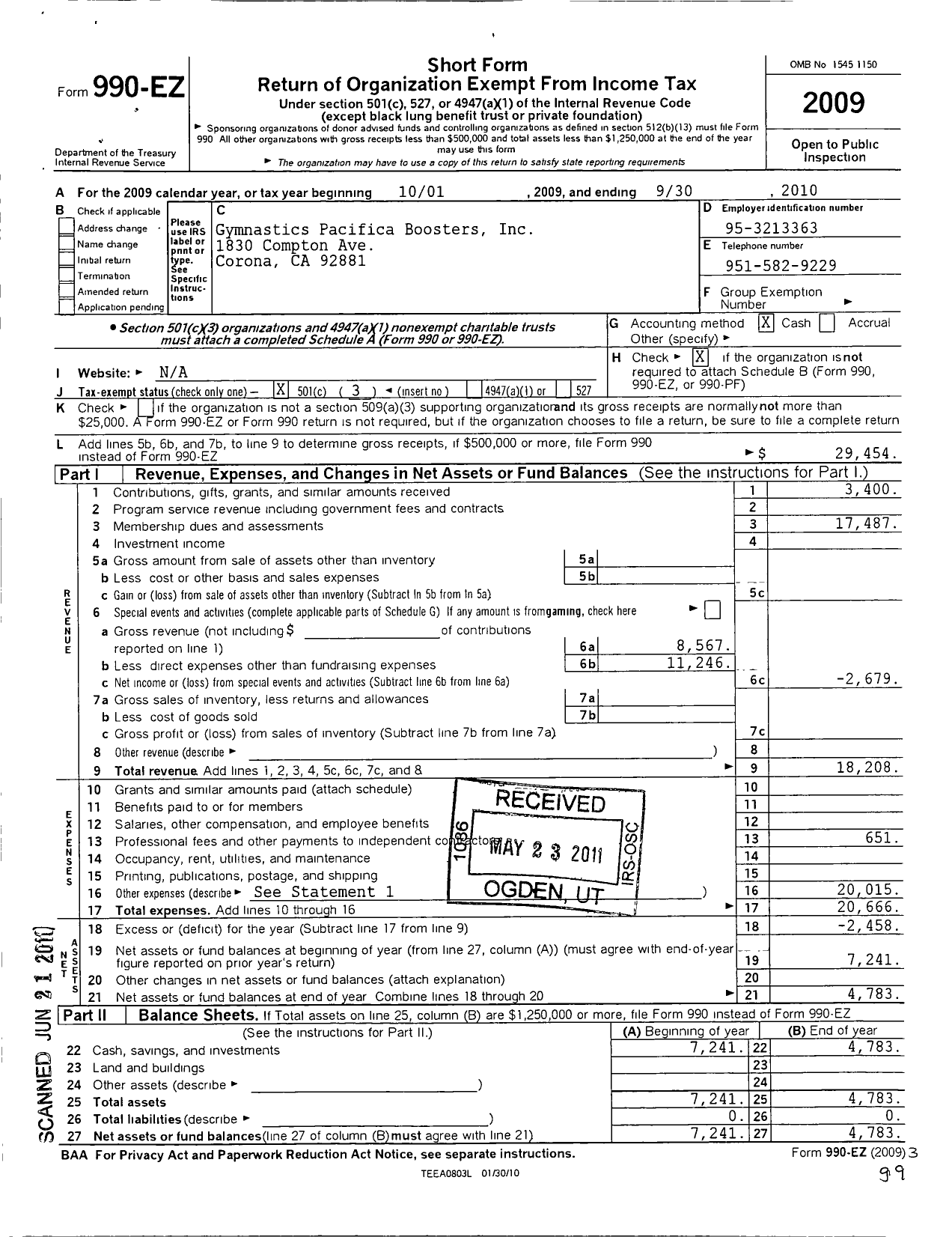 Image of first page of 2009 Form 990EZ for Gymnastic Pacifica Boosters