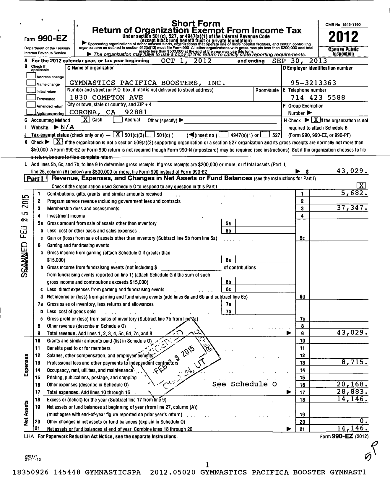 Image of first page of 2012 Form 990EZ for Gymnastic Pacifica Boosters