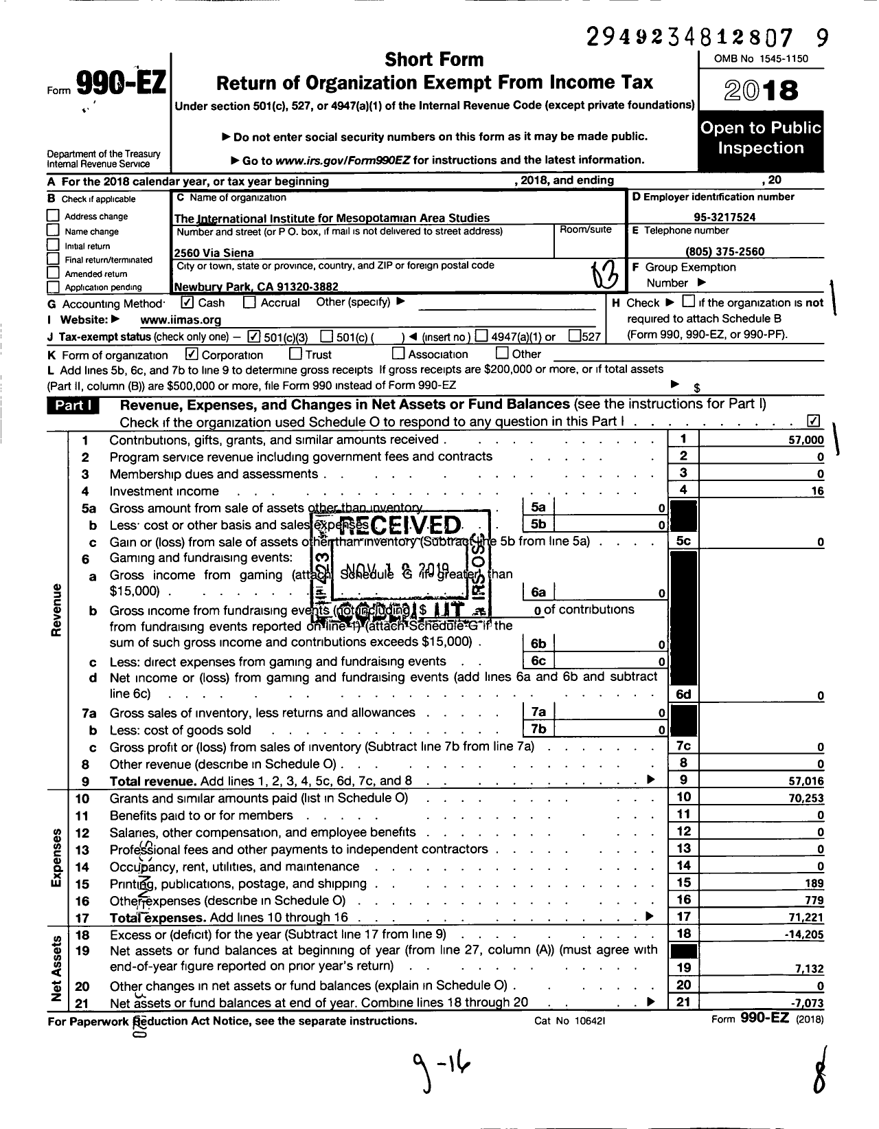 Image of first page of 2018 Form 990EZ for International Institute for Mesopotamian Area Studies