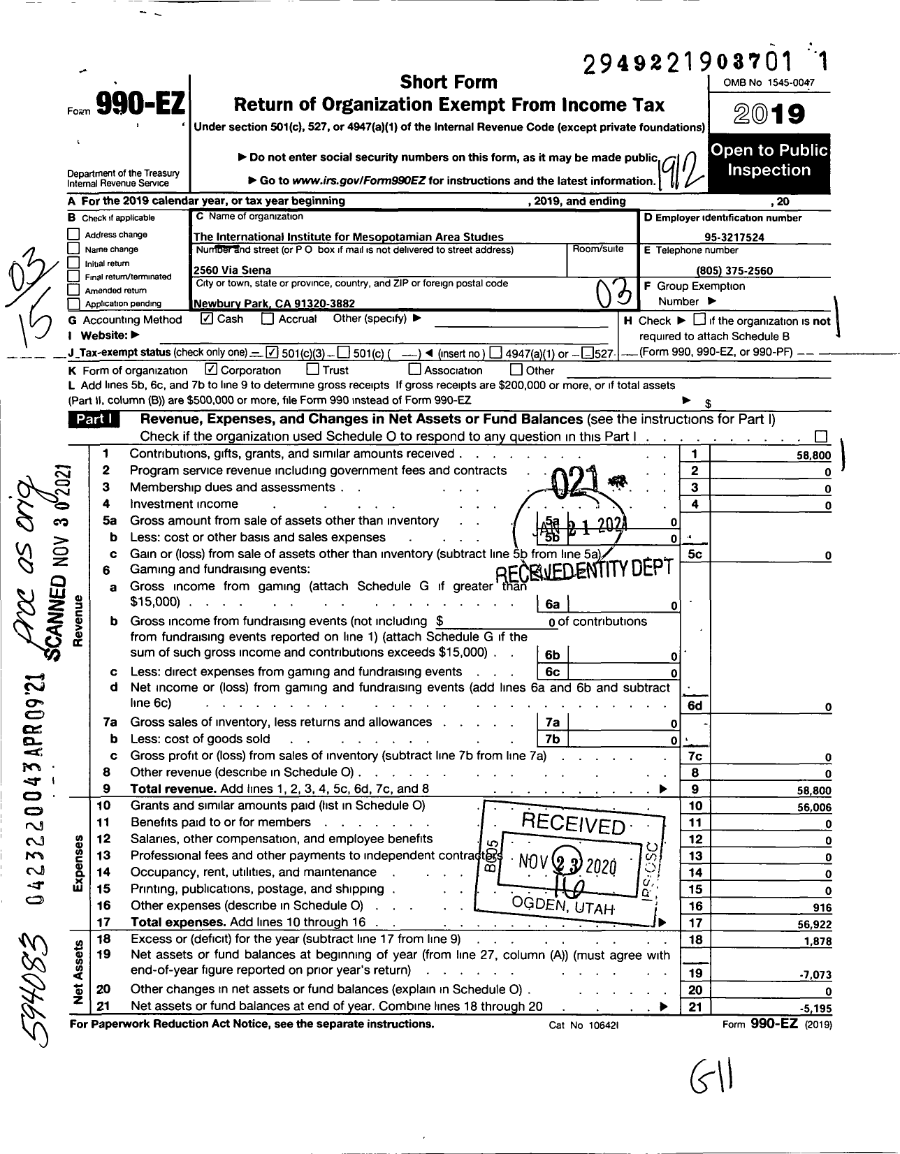 Image of first page of 2019 Form 990EZ for International Institute for Mesopotamian Area Studies