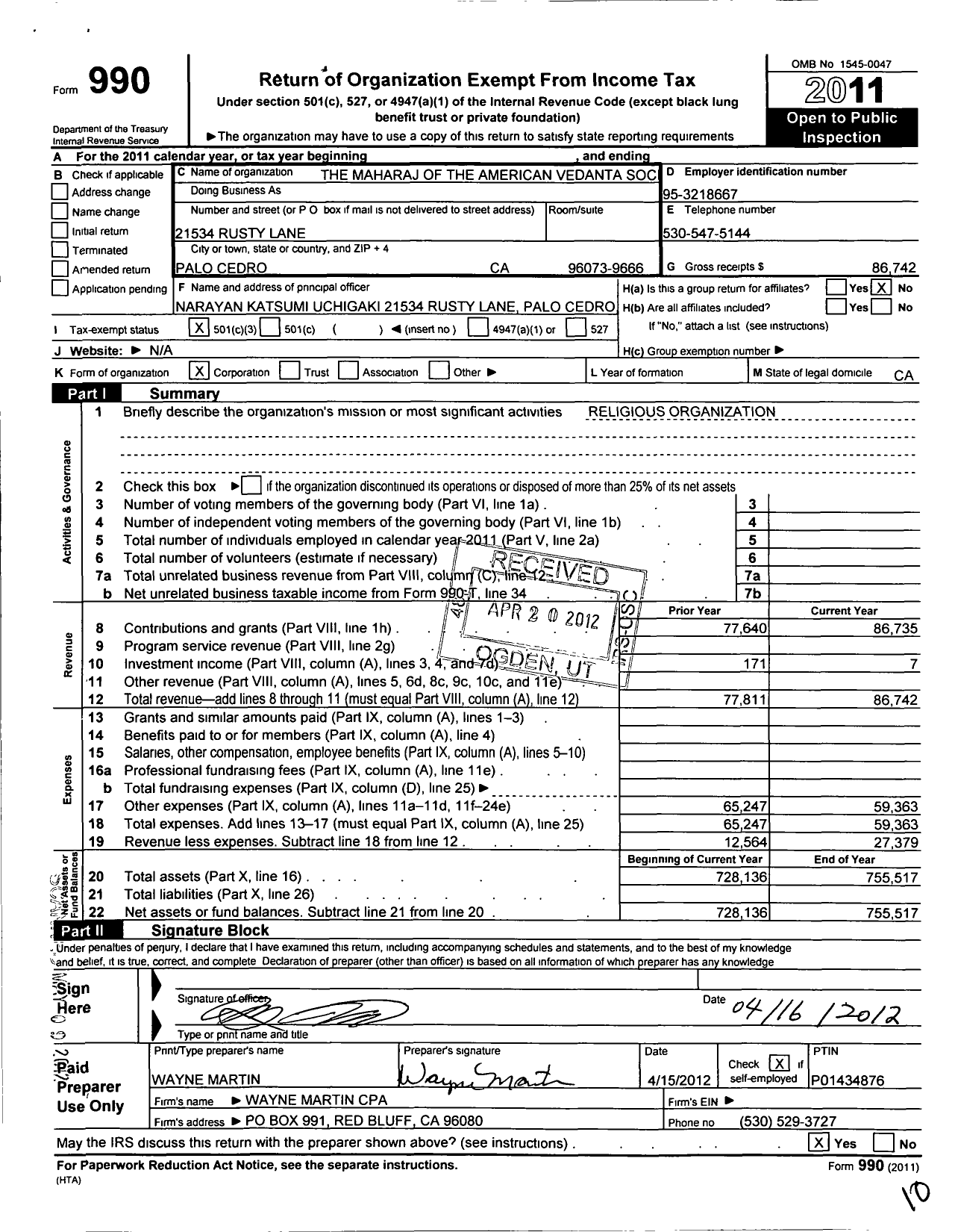 Image of first page of 2011 Form 990 for The Maharaj of the American Vedanta Society