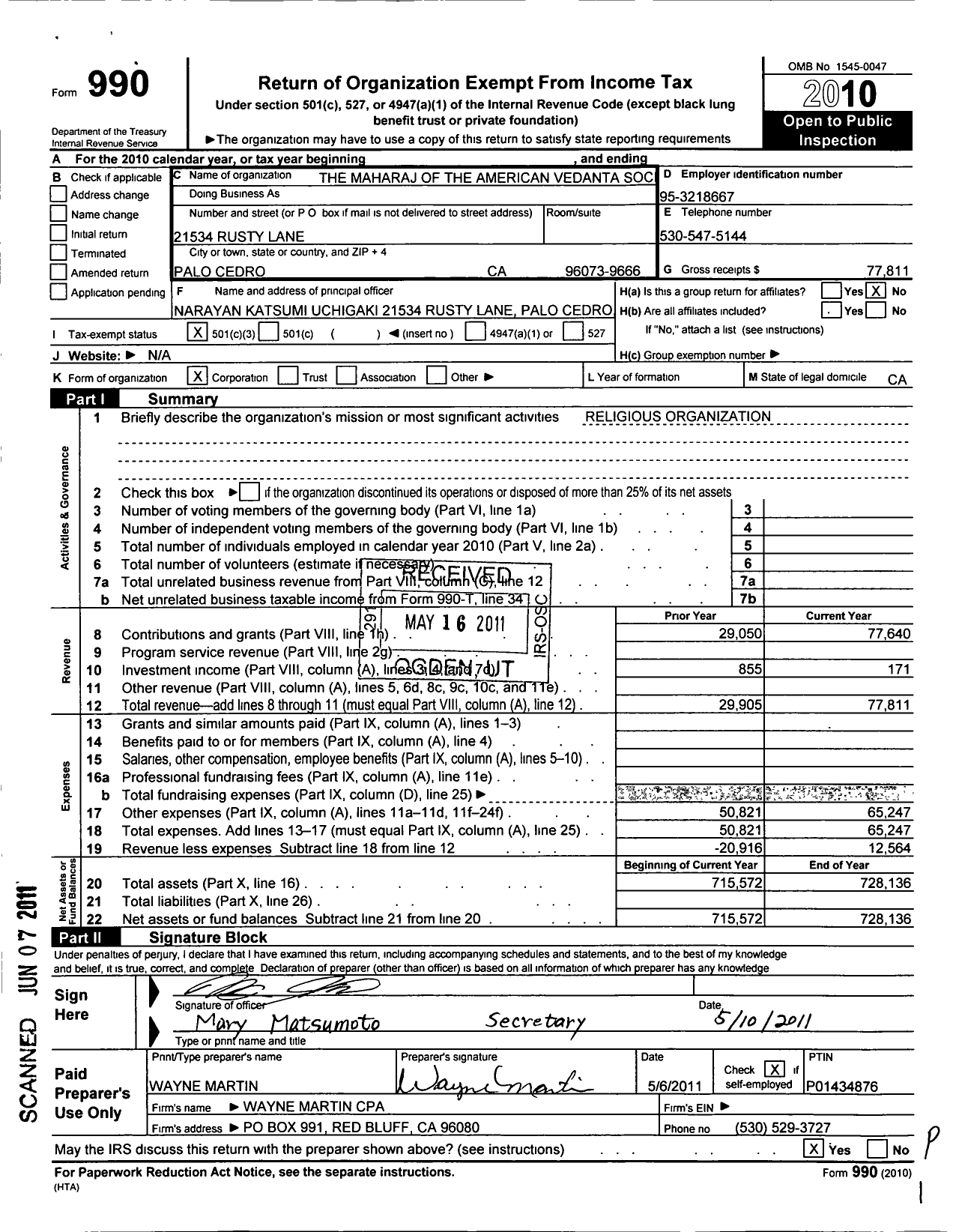 Image of first page of 2010 Form 990 for The Maharaj of the American Vedanta Society